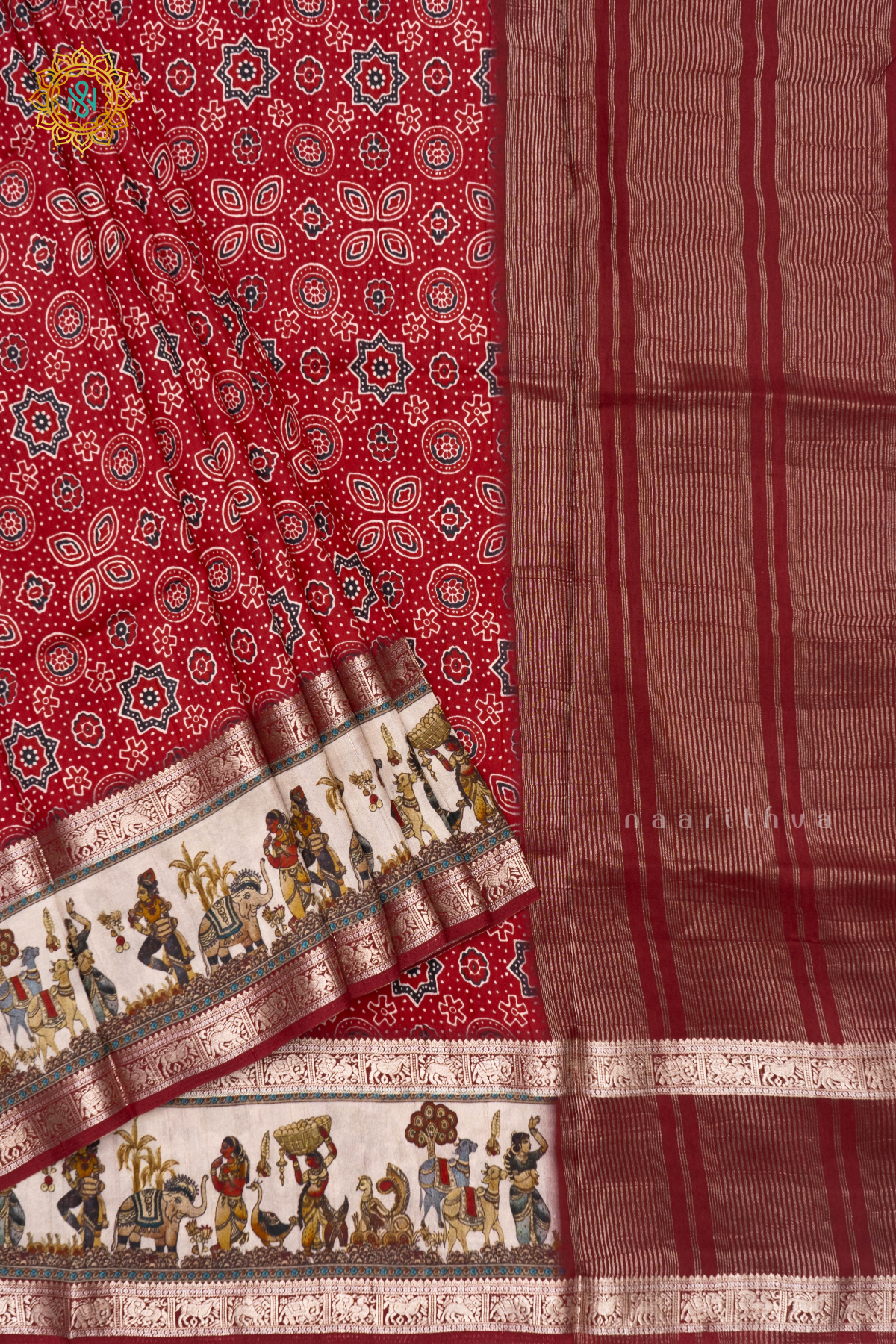 RED WITH OFF WHITE - SEMI CREPE SILK