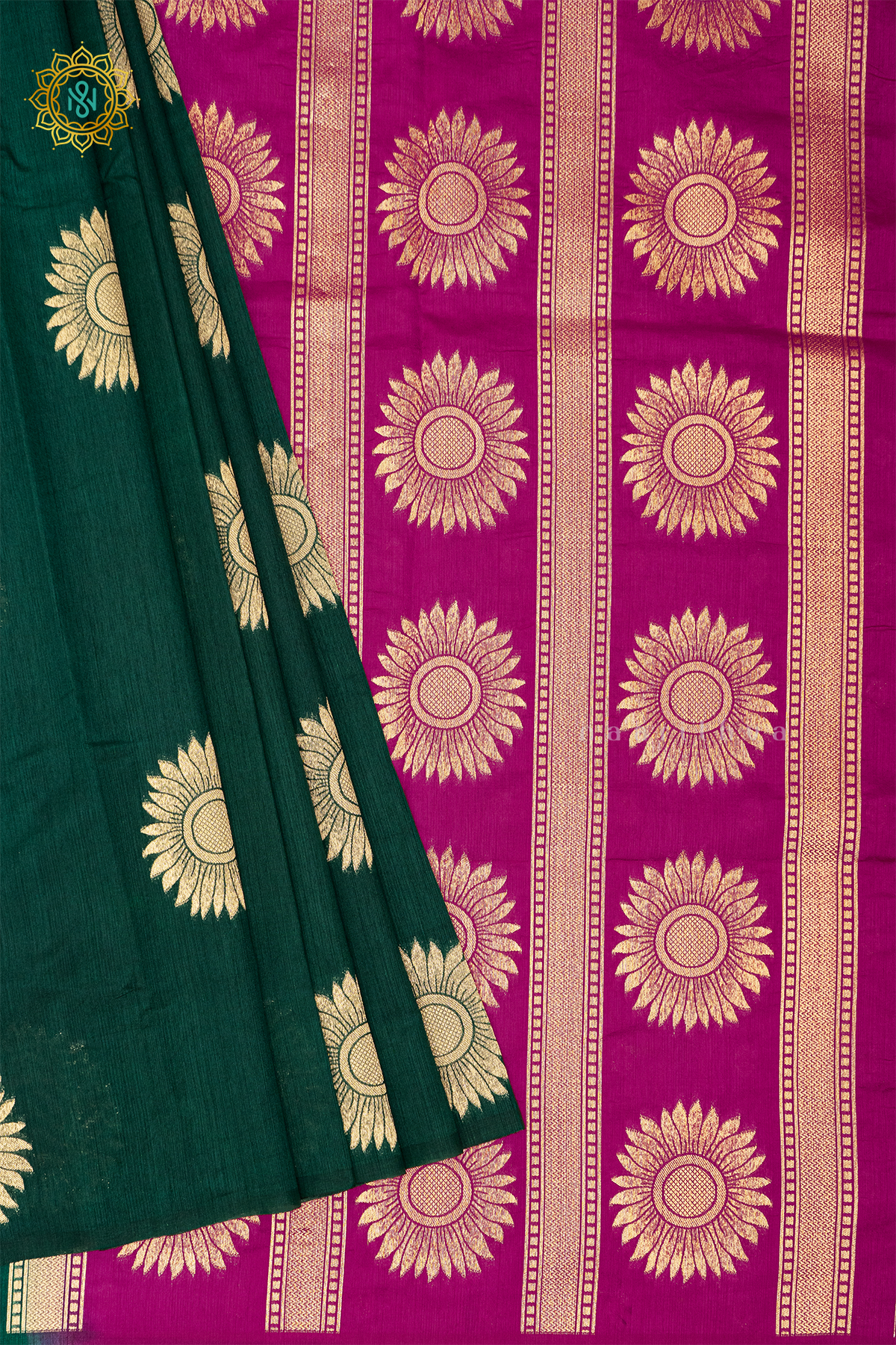 BOTTLE GREEN WITH PINK - SEMI RAW SILK