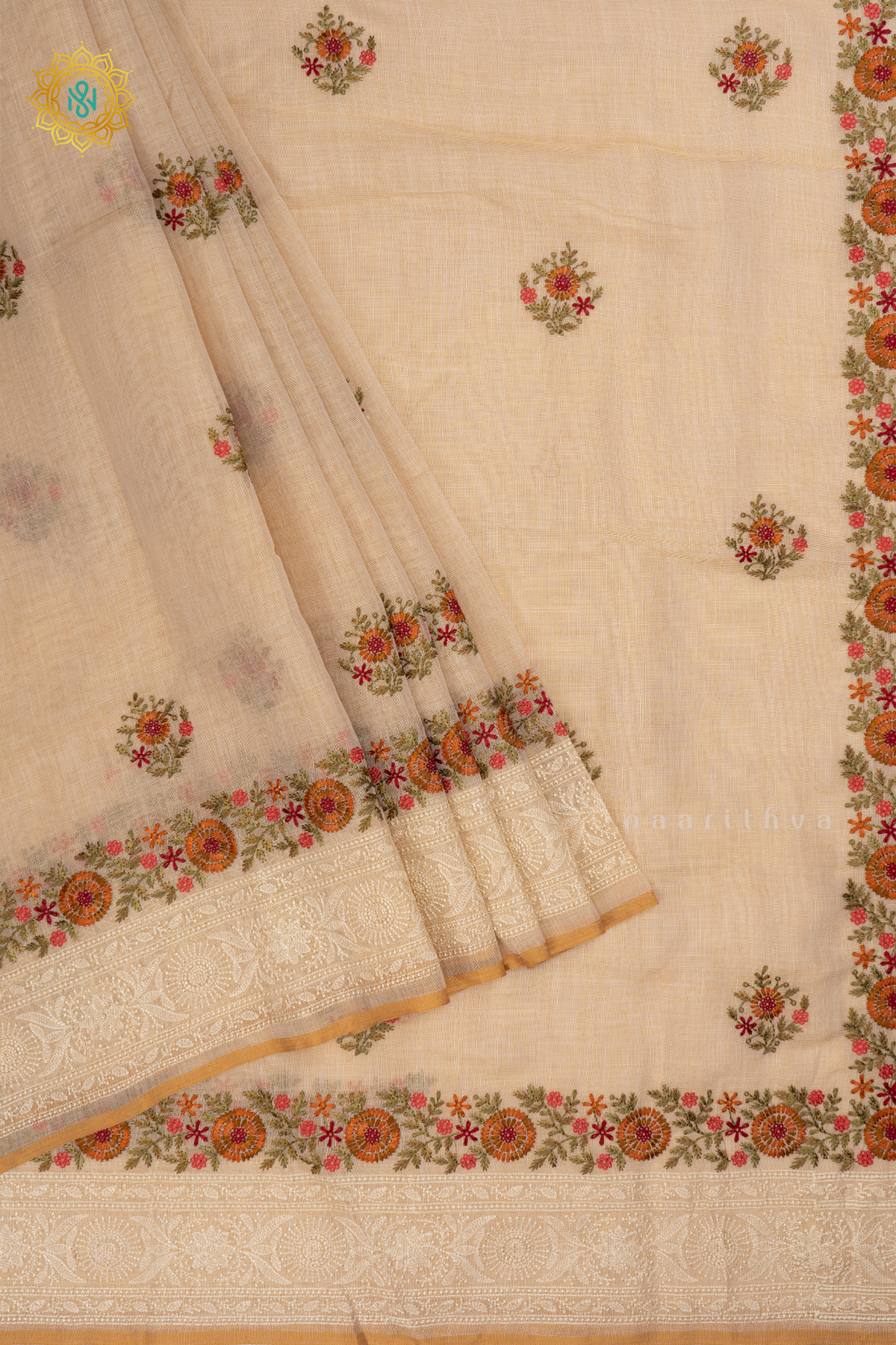 Off white Linen Tissue Saree with All-Over Embroidered Buttas on the Body, Featuring an Embroidery Border and Pallu