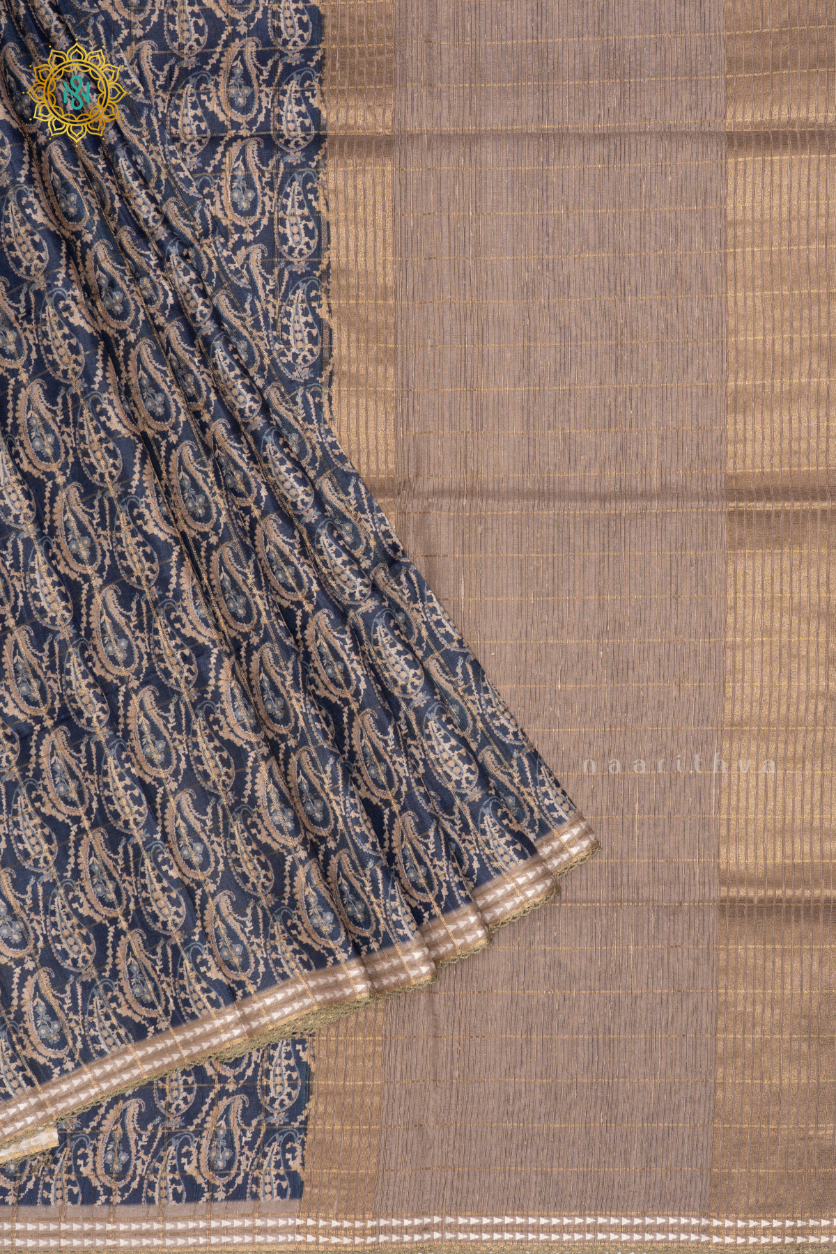 Blue With Beige  Semi Tussar Silk Saree Allover Printed And Zari Striped Body With Thread Woven Tissue Border