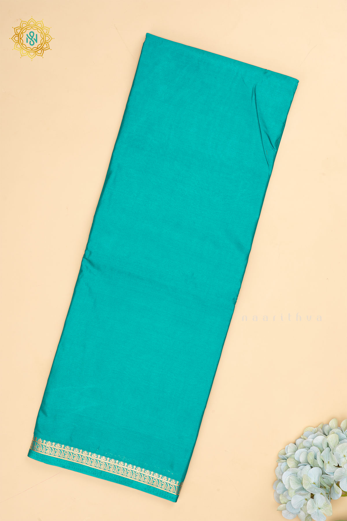 Cyan Blue Semi Mysore Crepe Silk with Plain Body and Zari Border