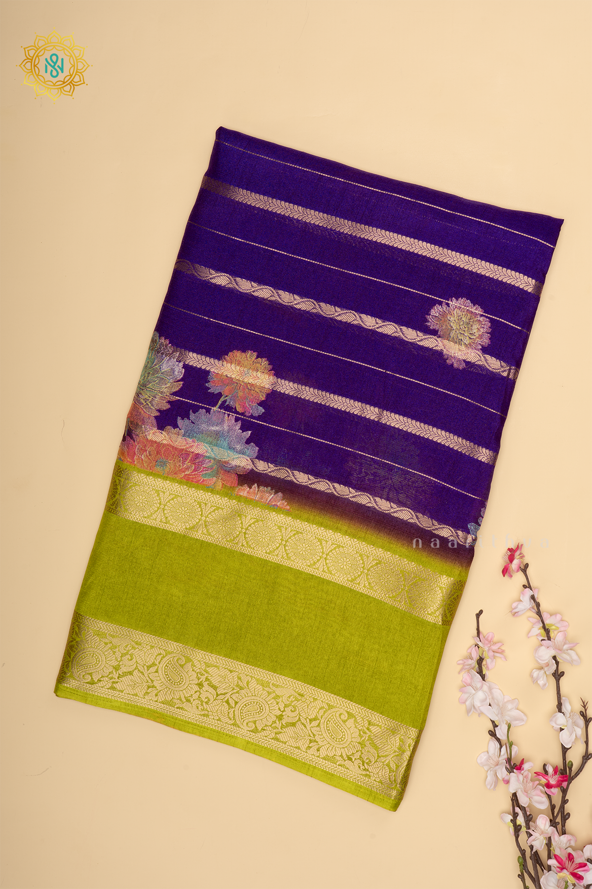 Purple With Lemon Green Dola Silk Saree Allover Printed Buttas And Zari Stripes With Contrast Zari Gap Border