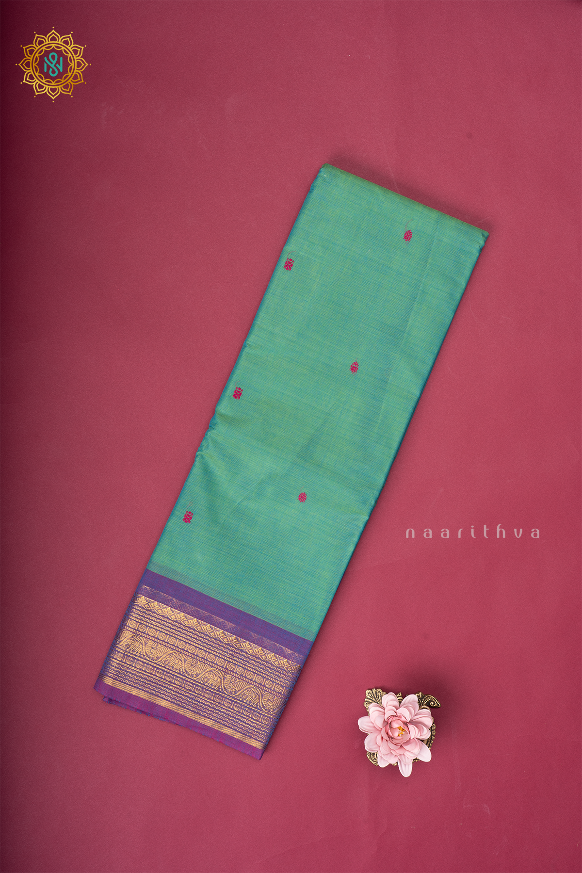 Aqua Green With Dual Shade Of Magenta Chettinad Cotton Saree With Thread Woven Buttas & Contrast Border