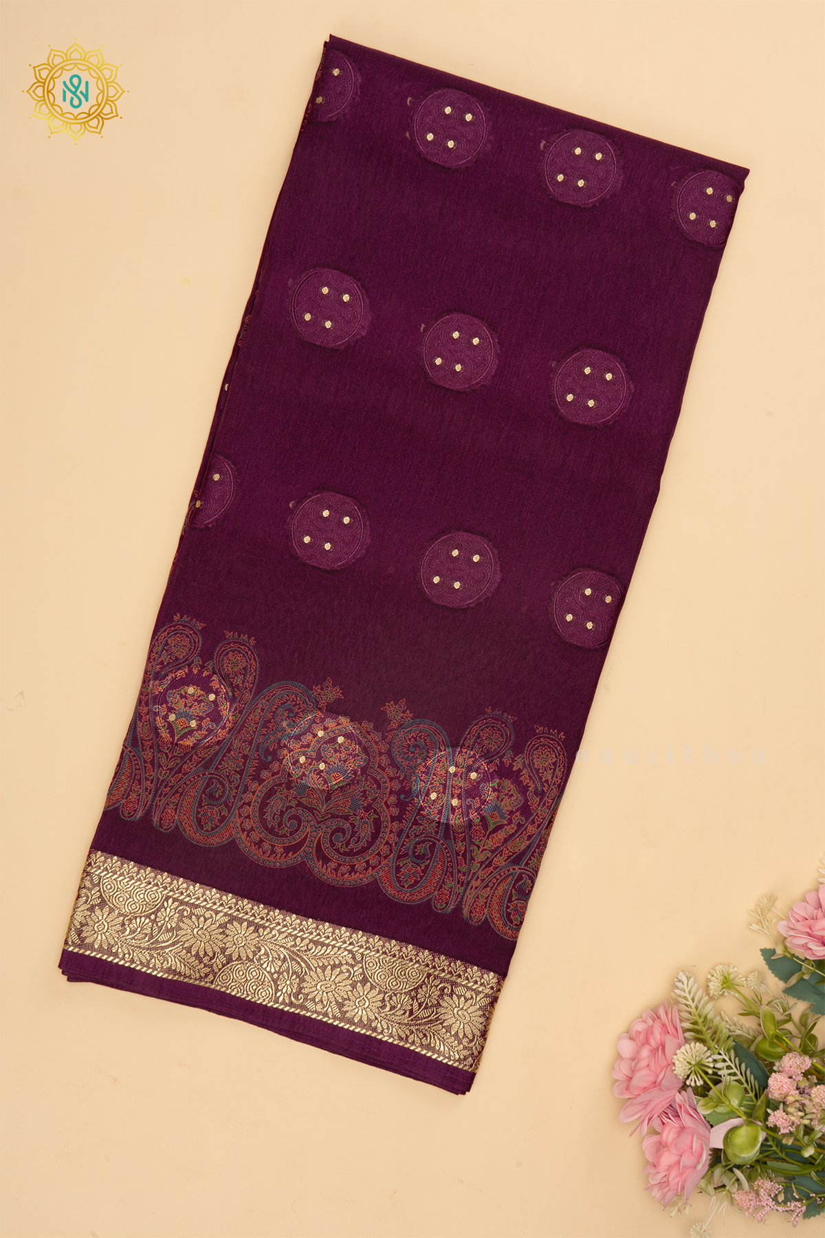 Wine Semi Georgette Saree With Printed Body And Zari Border