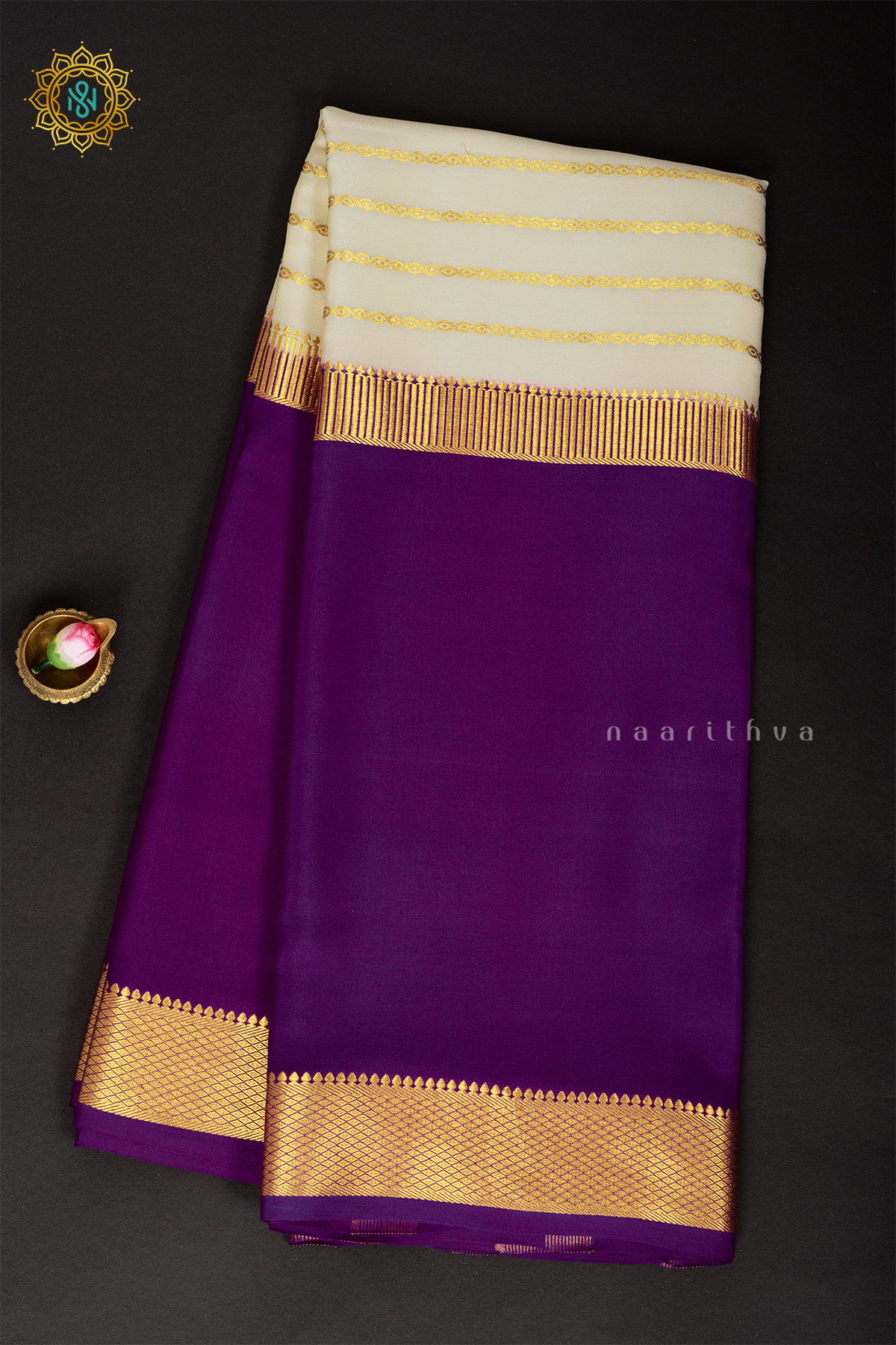 WHITE WITH PURPLE - PURE MYSORE CREPE SILK