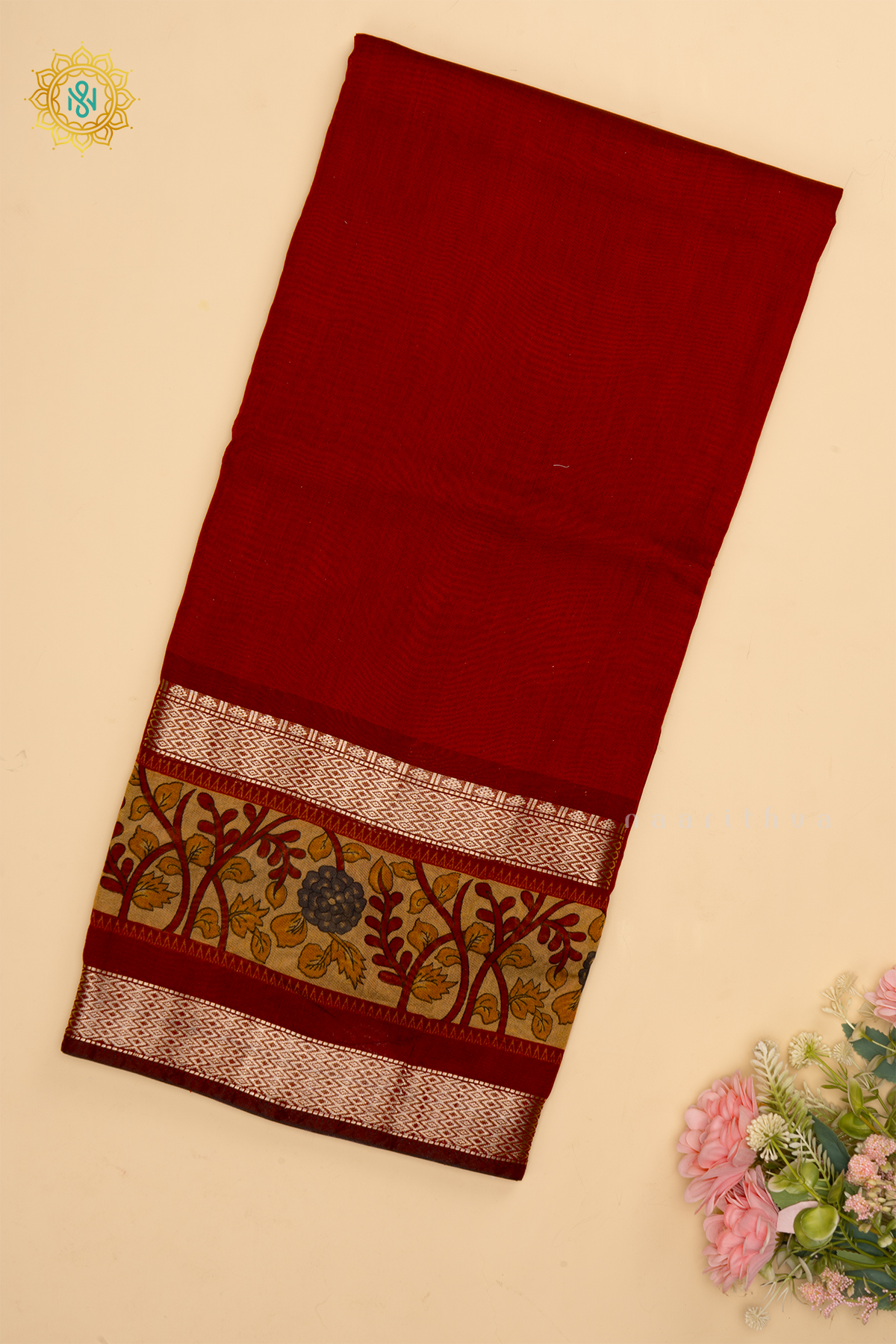 RED - SOFT COTTON SAREE PLAIN BODY WITH KALAMKARI PRINTED ZARI BORDER