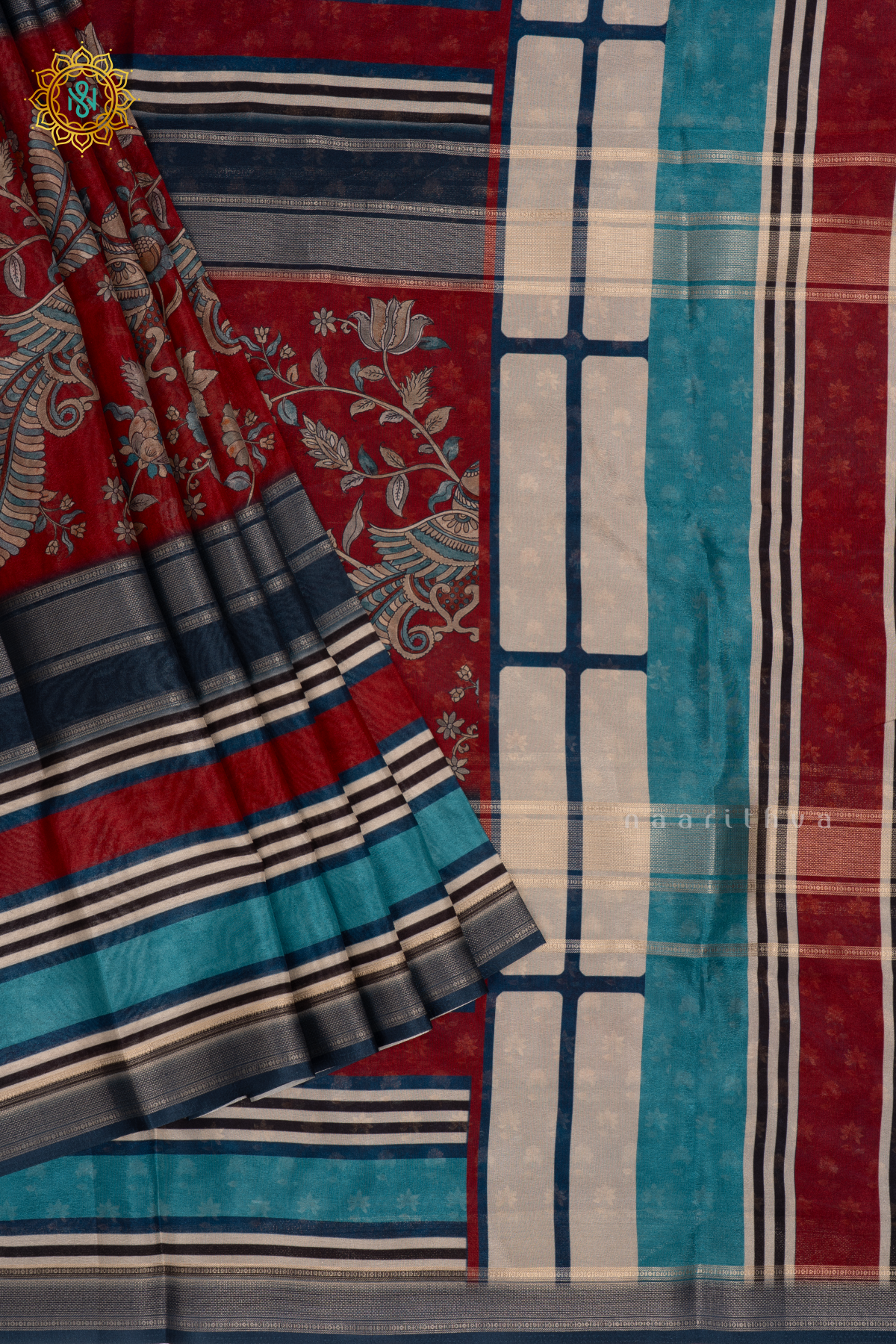 Red - Semi Crepe Silk Saree Allover Printed Body with Zari Stripes with Pallu and Blouse