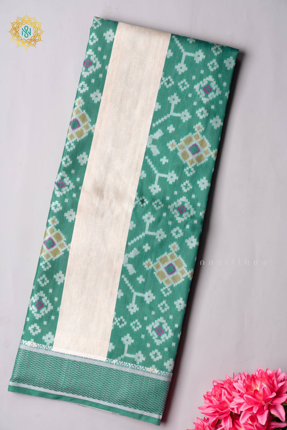 GREEN WITH OFF WHITE - SEMI TUSSAR SILK