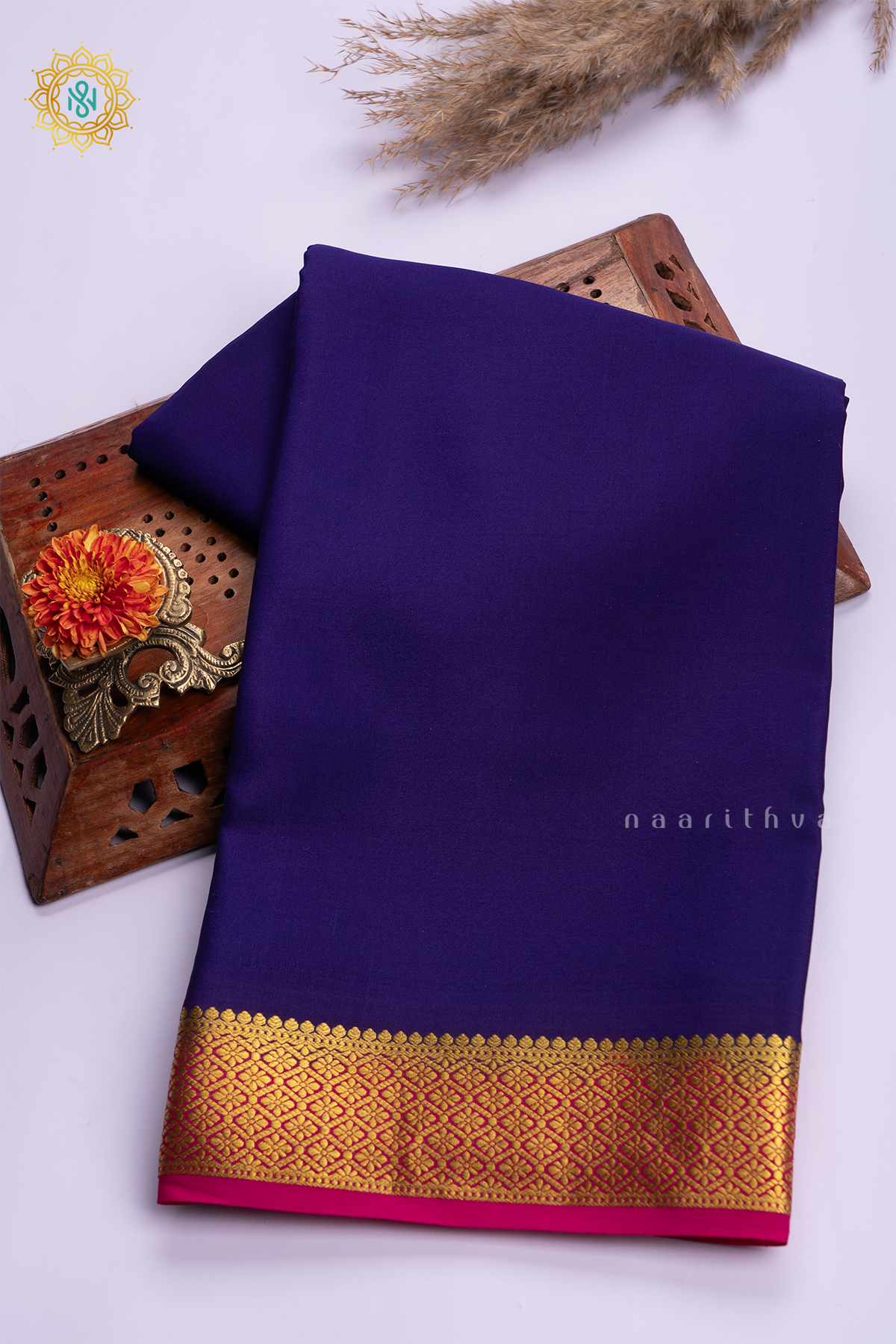 BLUE WITH PINK - PURE MYSORE CREPE SILK