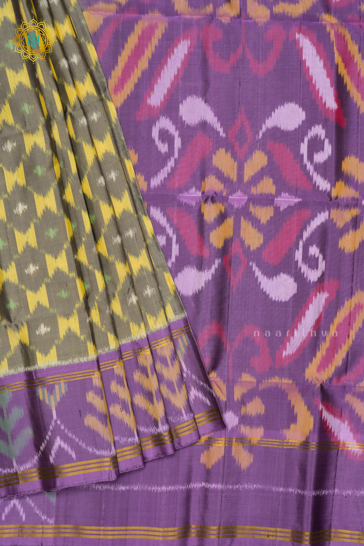 GREY WITH LAVENDER - PURE KANJIVARAM IKAT SOFT SILK