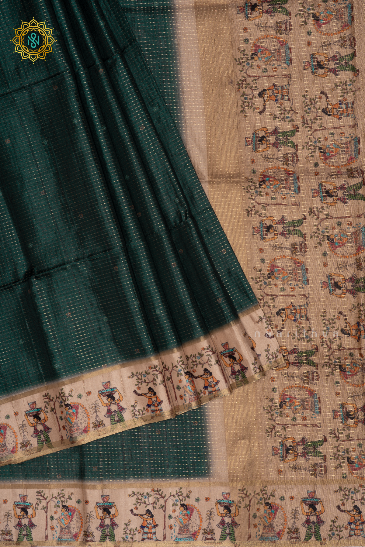 Bottle Green Semi Tussar Silk Saree With Zari Stripes And Printed Border
