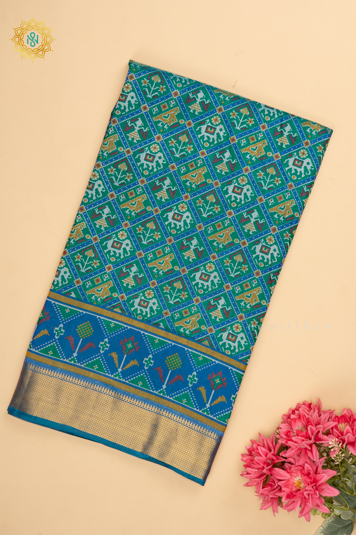 Green with Blue - Semi Silk Saree Allover Patola Printed Body with Contrast Zari Border, Pallu and Blouse