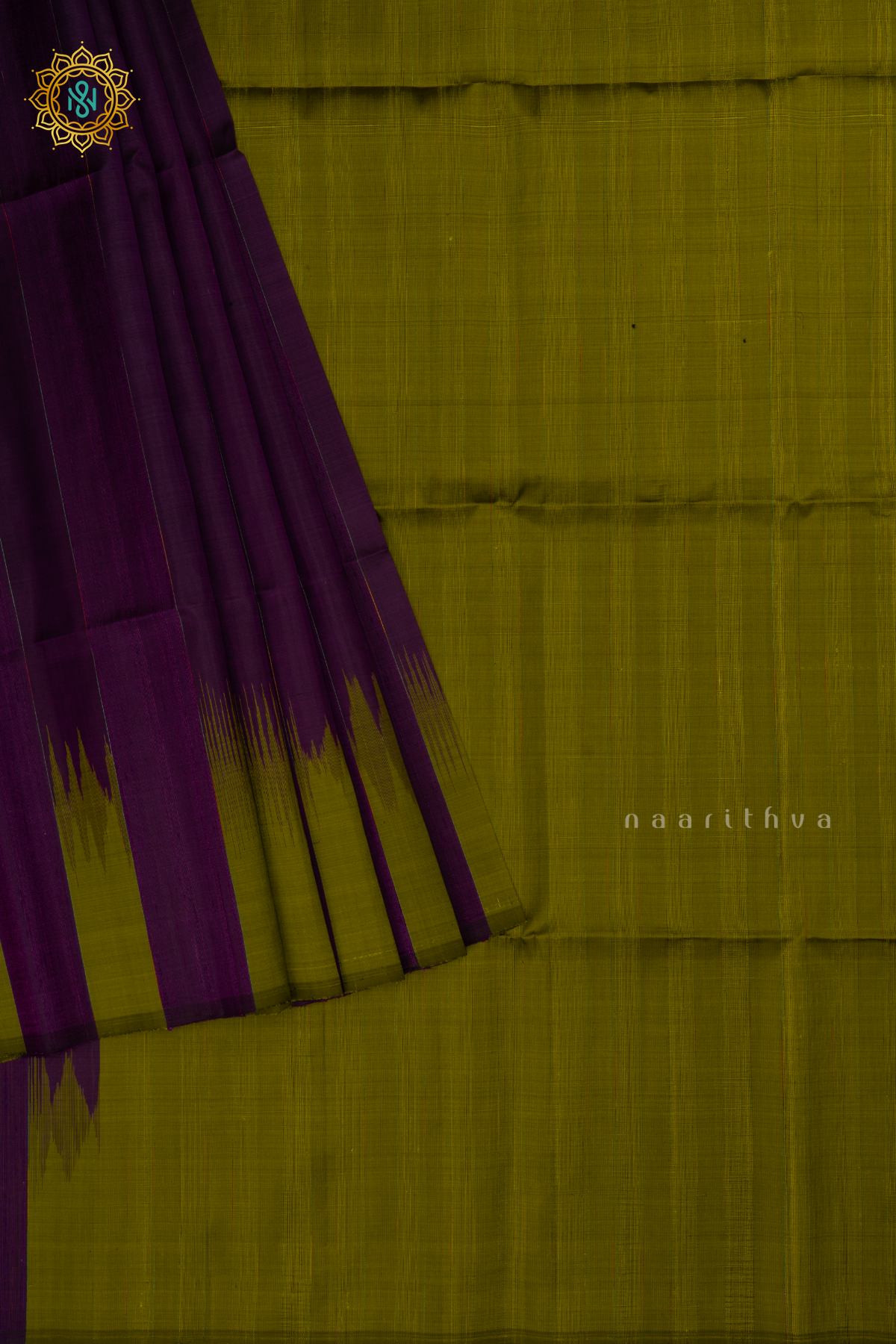 Olive Green with Purple Pure Kanjivaram Soft Silk Saree With Plain Body And Contrast Temple Rising Border, Pallu