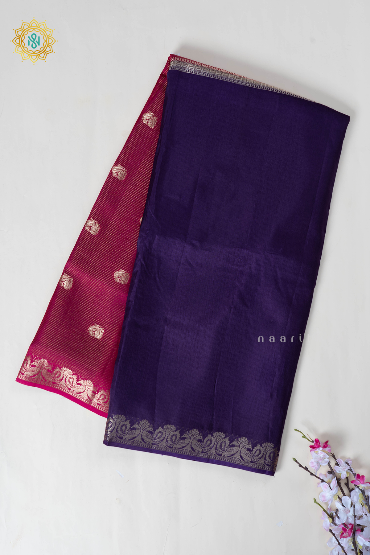 Pink With Purple Semi Crepe Silk Saree With Zari Stripes & Buttas On The Body With Half & Half Pattern