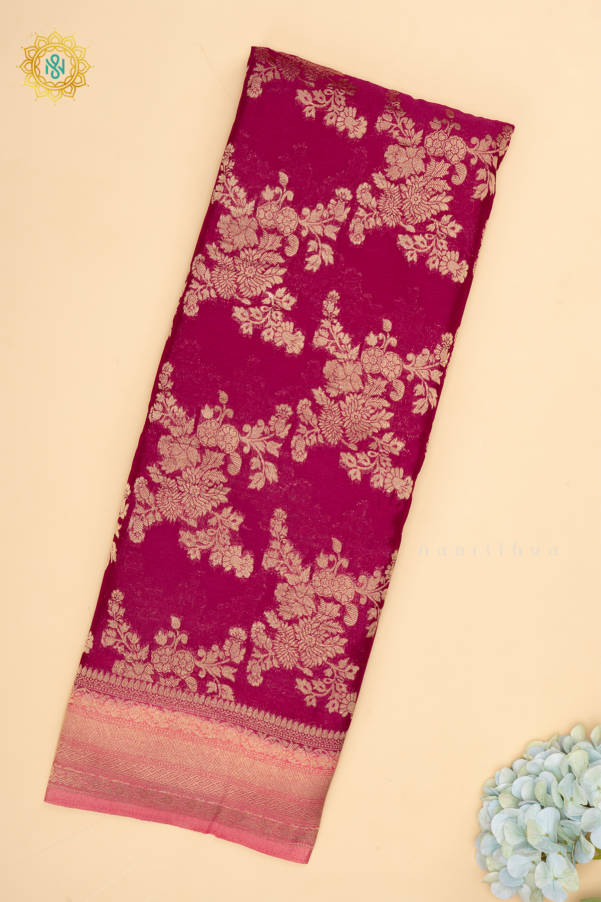 Magenta With Light Pink Semi Crepe Georgette With Zari Woven Floral Brocade Weaves And Zari Woven Contrast Border