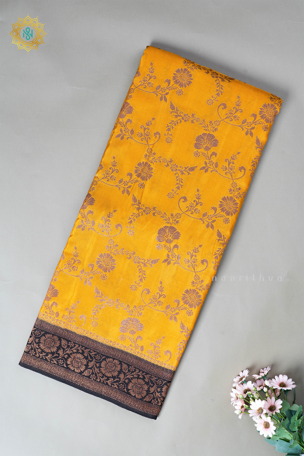 Yellow with Black Semi Crepe Silk with Allover Woven Buttas and Contrast Zari Border,Pallu and Blouse