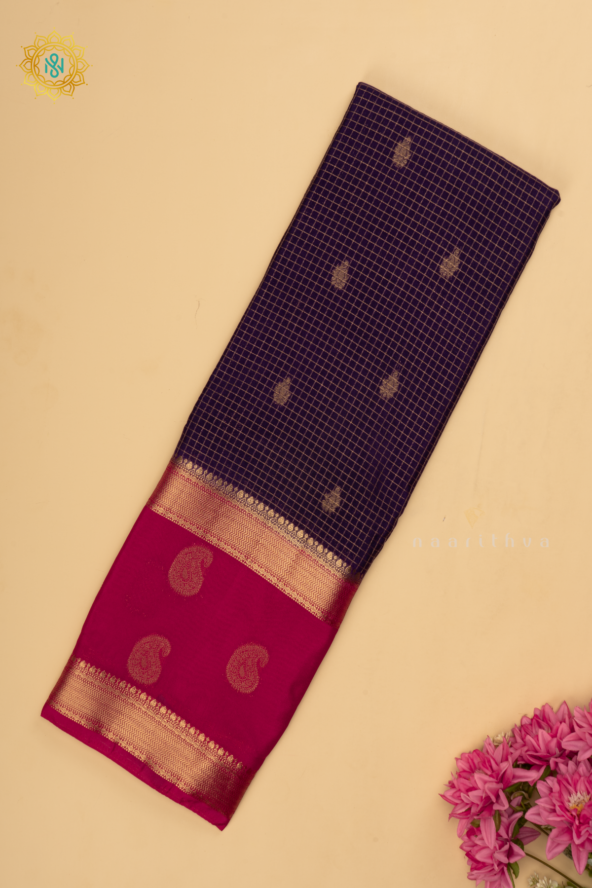 Purple with Rani Pink Semi Mysore Crepe Silk Saree with All-Over Zari Checks and Buttas and a Contrast Zari Gap Border