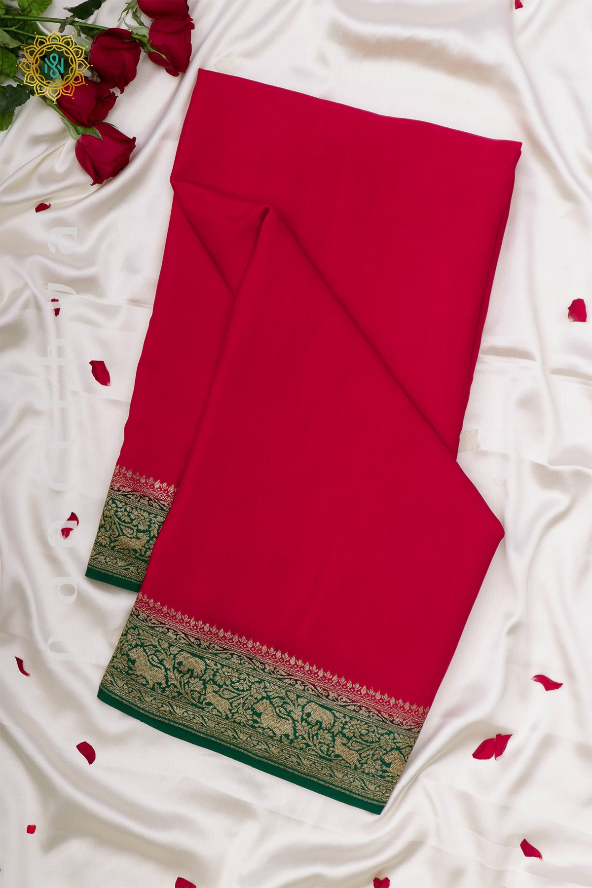 RED WITH GREEN - PURE BANARASI CREPE SILK