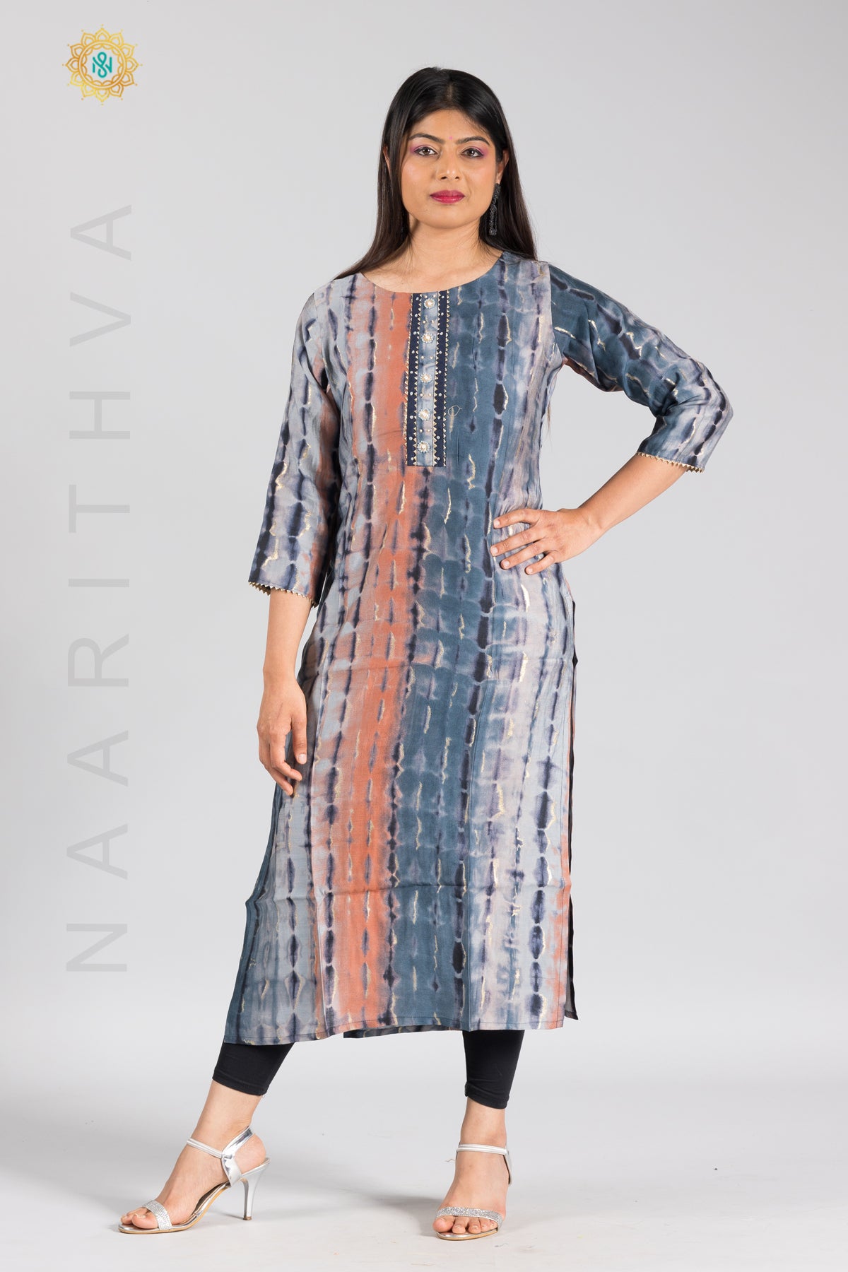 BLUE WITH BROWN - MODAL SILK CASUAL STRAIGHT CUT KURTI WITH NECK EMBROIDERY