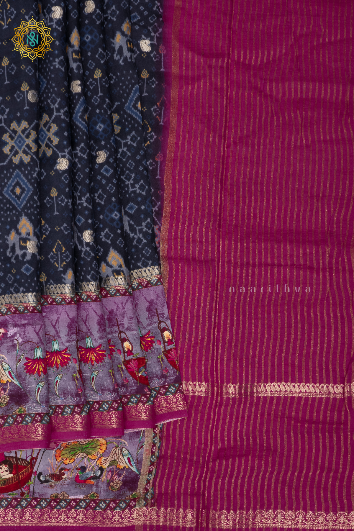 NAVY BLUE WITH PINK - SEMI CREPE SILK