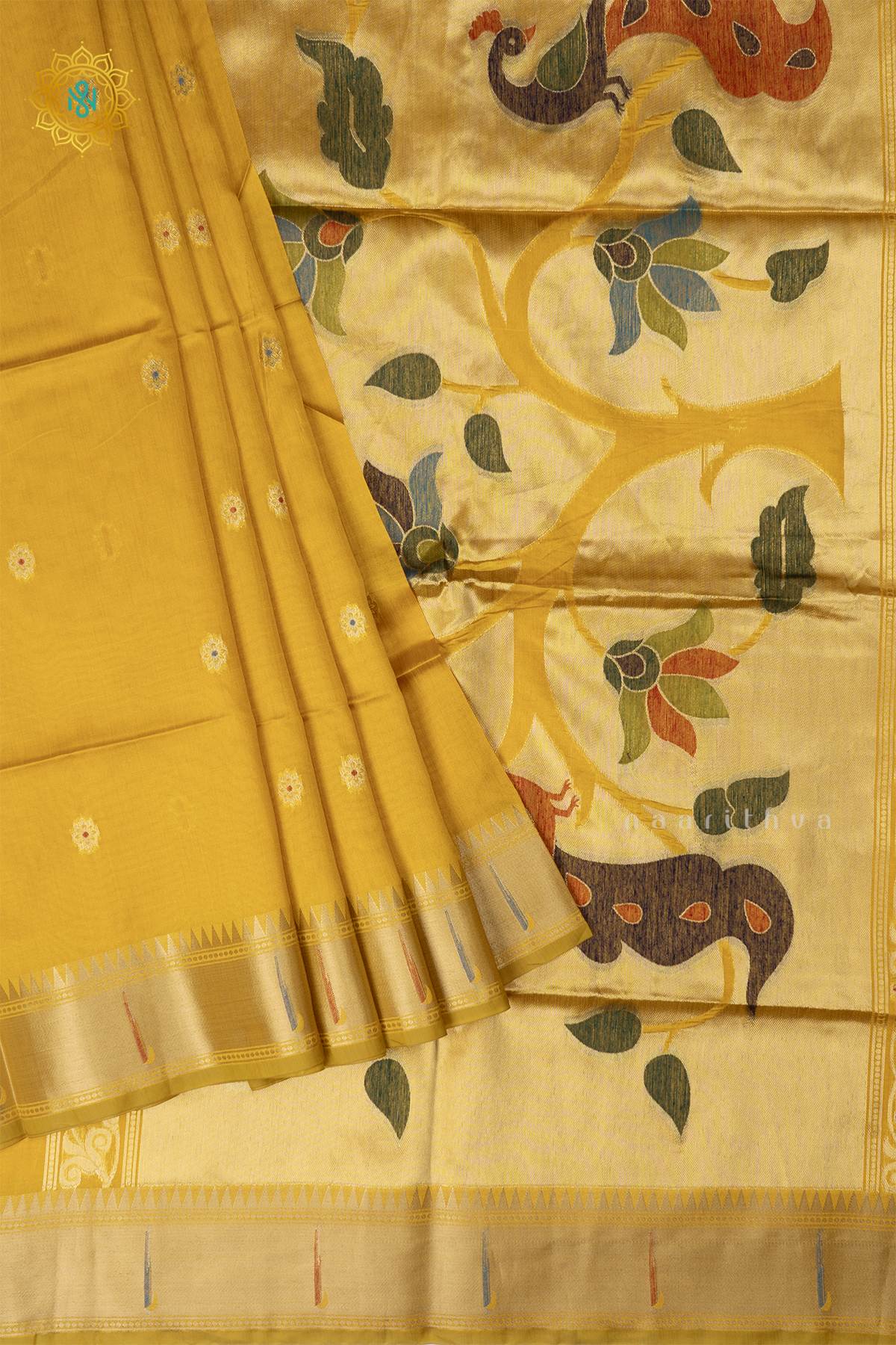 Yellow Semi Tussar Silk Saree Zari Buttas On The Body With Paithani Border & Pallu