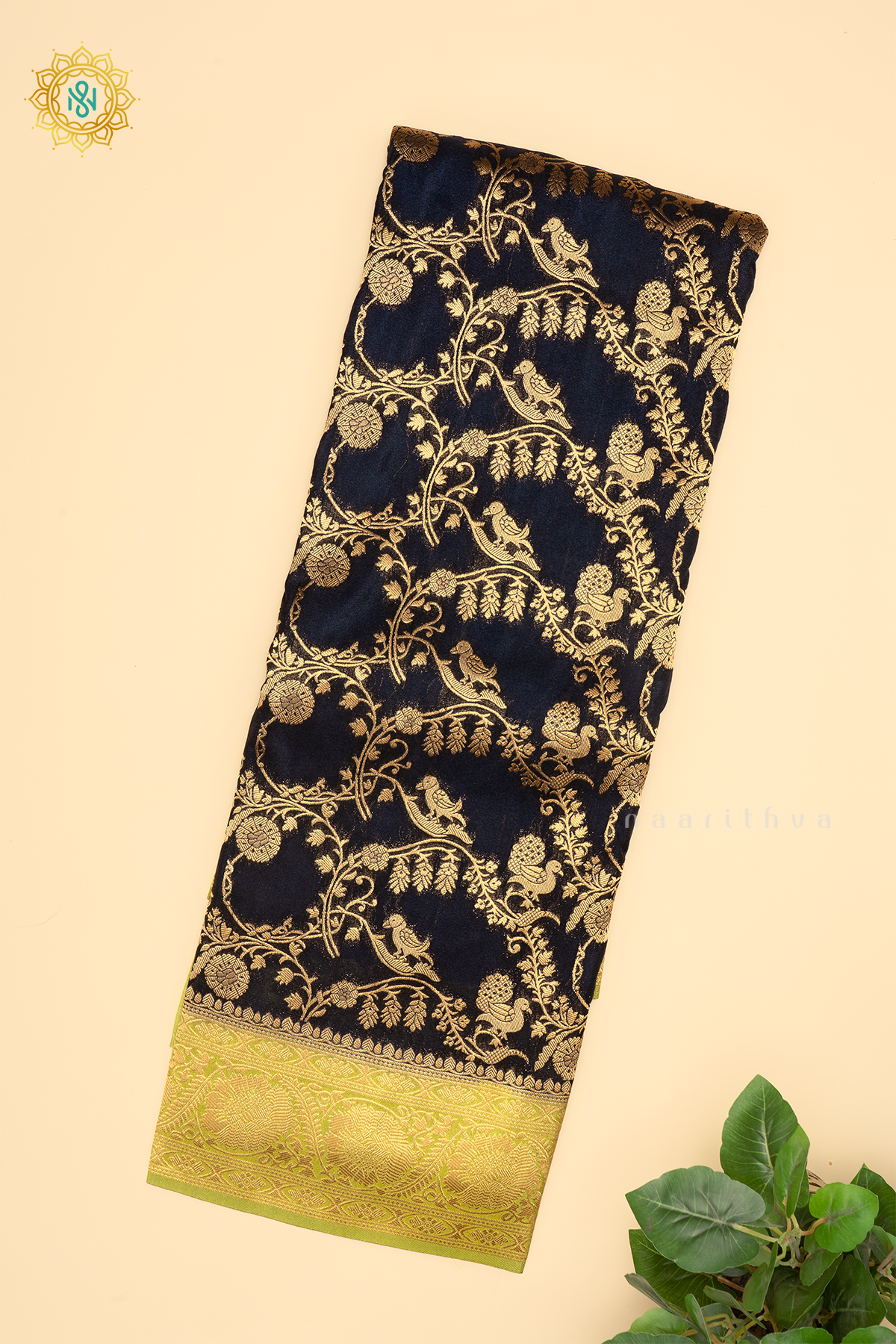 Navy Blue With Green Semi Crepe Georgette Saree With Brocade Body And Contrast Zari Border