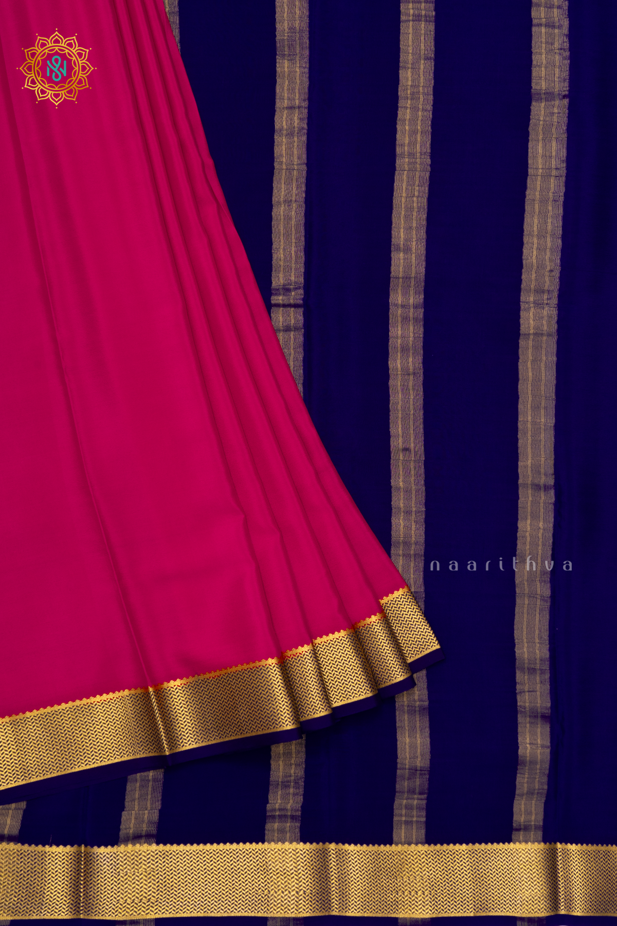 RANI PINK WITH NAVY BLUE - PURE MYSORE CREPE SILK