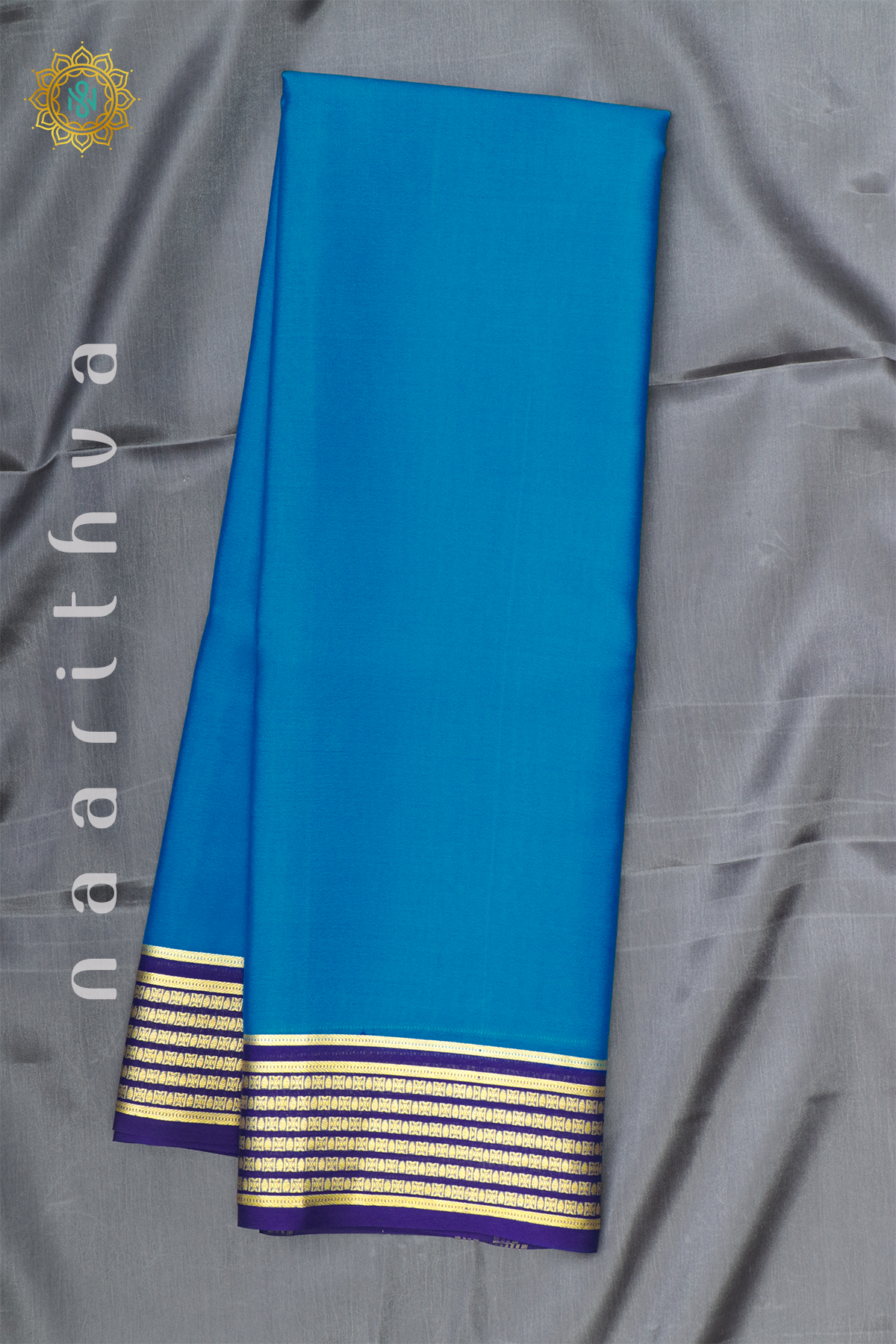 BLUE WITH NAVY BLUE - PURE MYSORE CREPE SILK