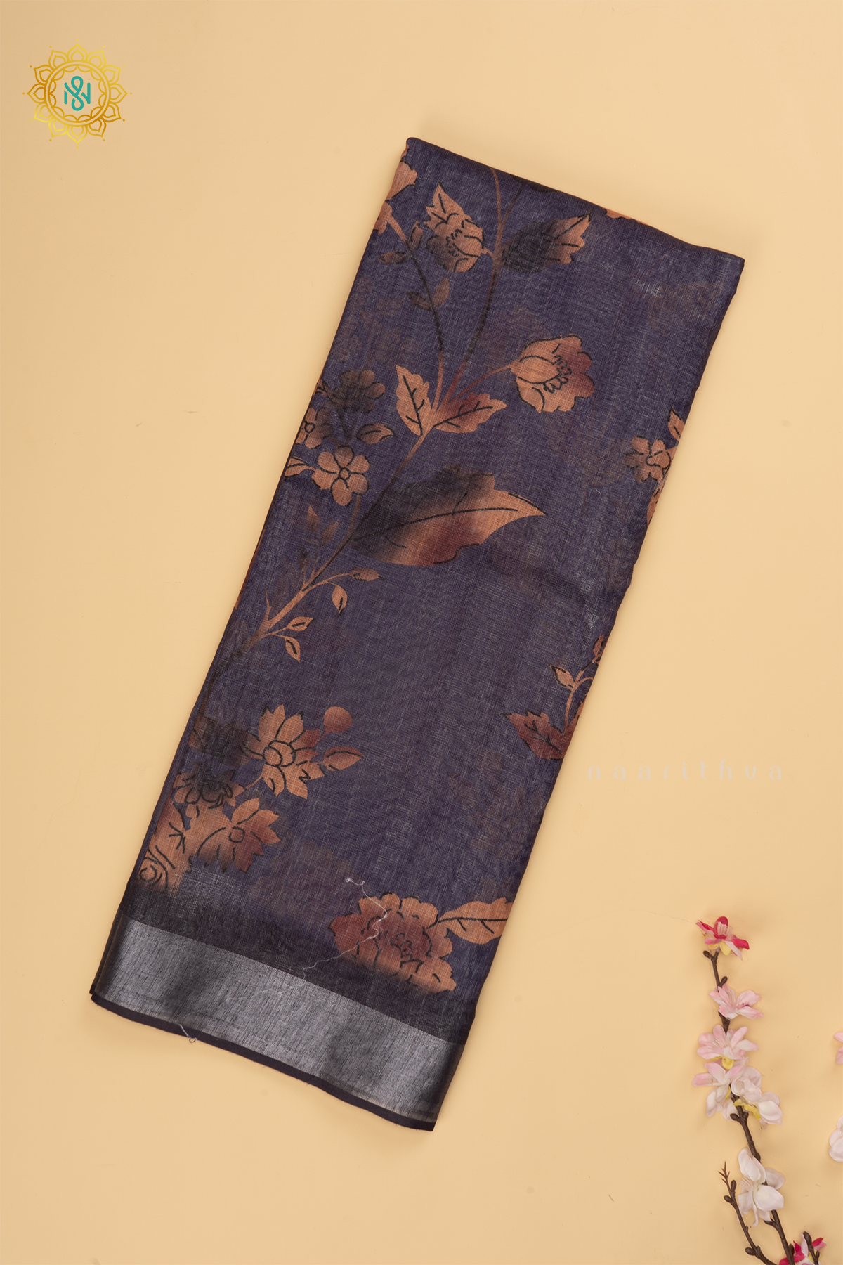 Light Purple Linen By Cotton Saree With Floral Printed Body