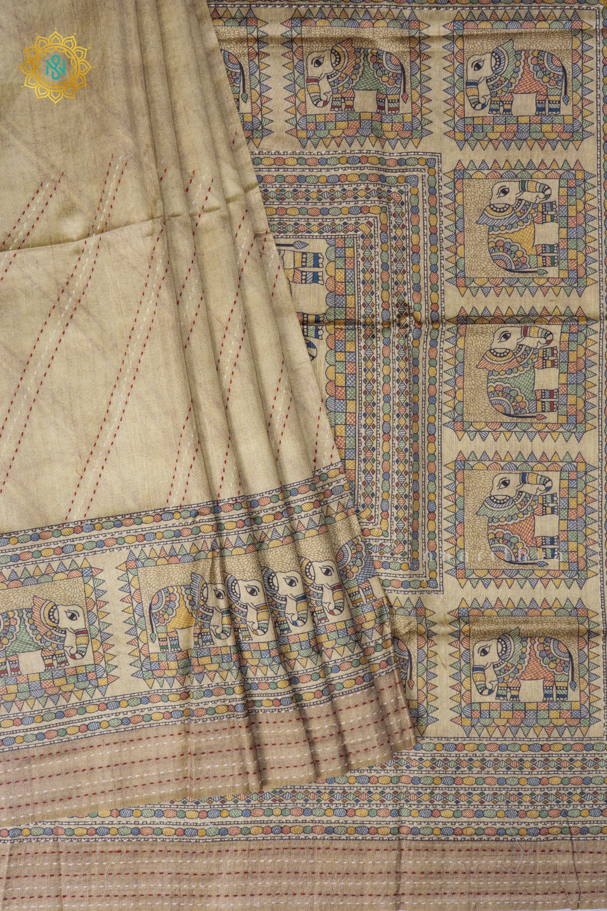 Off White With Beige Semi Tussar Silk Saree with Madhubani Print Pallu & Blouse