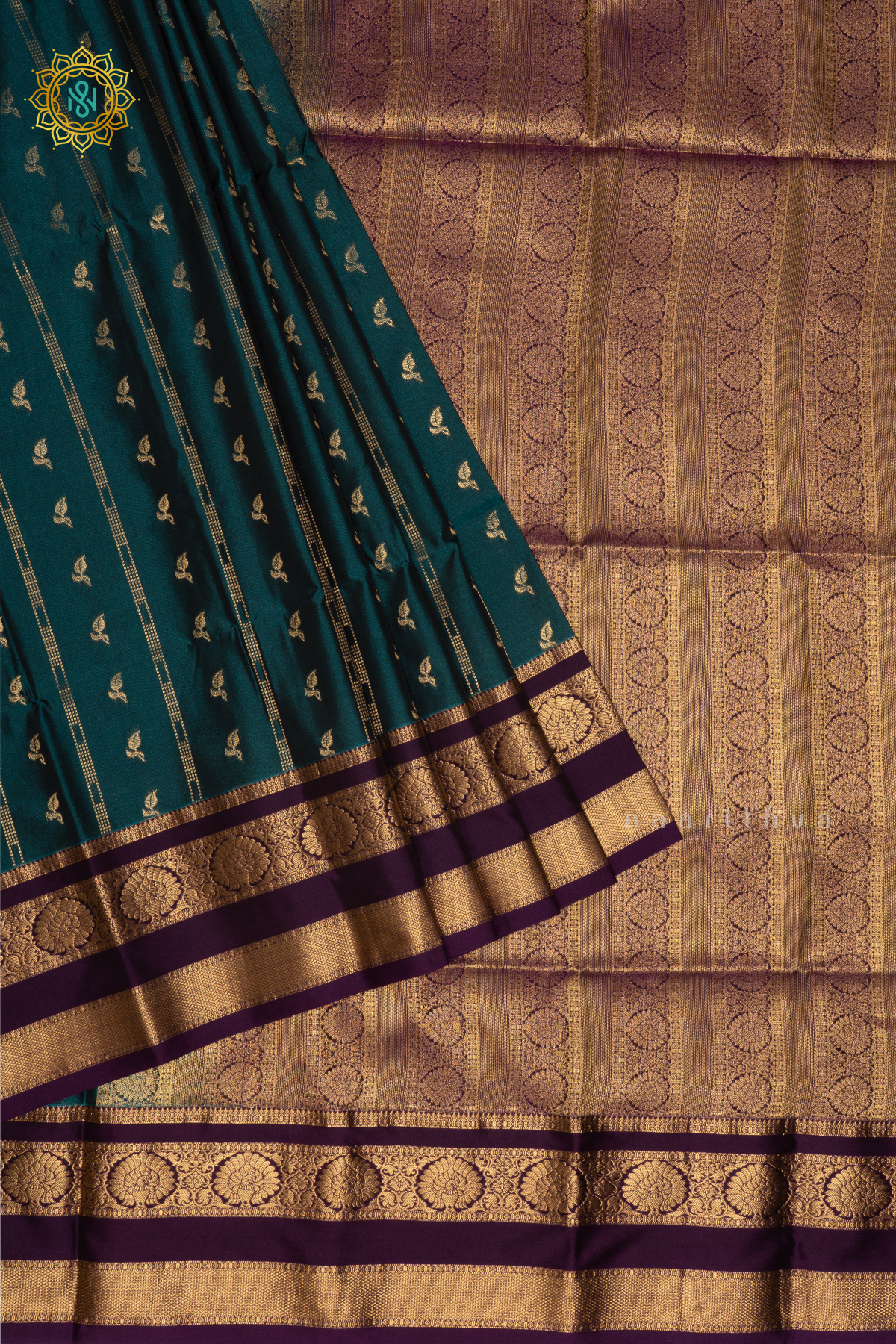 CYAN BLUE WITH DEEP PURPLE - SEMI SOFT SILK SAREE ALLOVER ZARI BUTTAS AND CONTRAST GAP BORDER