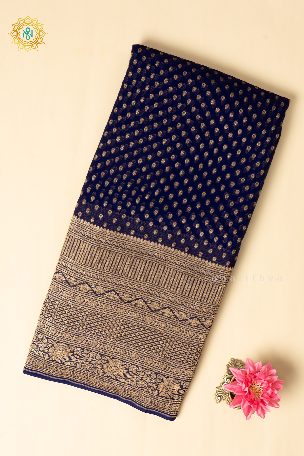 Blue Pure Banarasi Khaddi Georgette Allover Antique Zari Buttas On The Body With Contrast Zari Border & Pallu