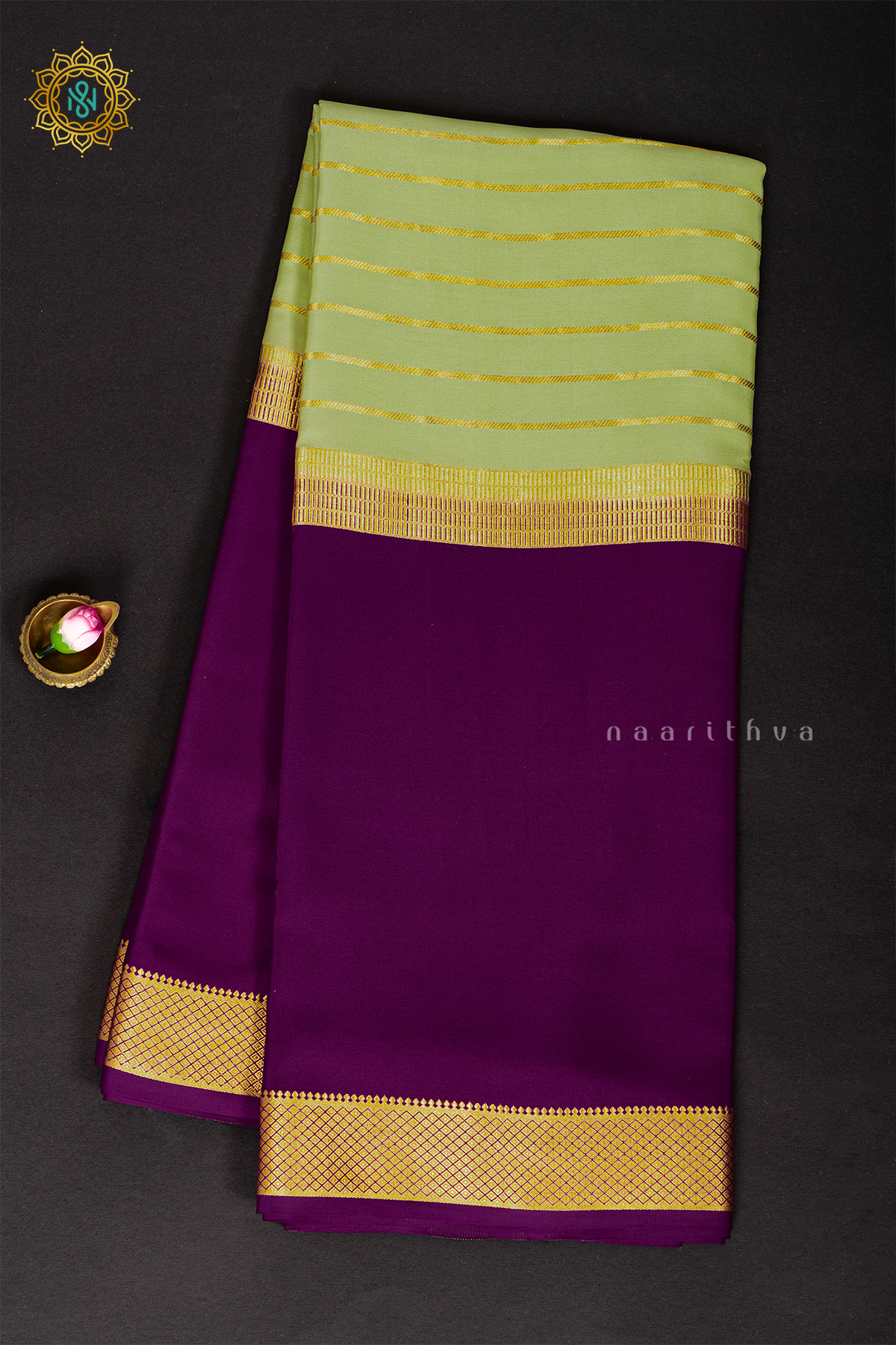 PISTA GREEN WITH MAGENTA - PURE MYSORE CREPE SILK
