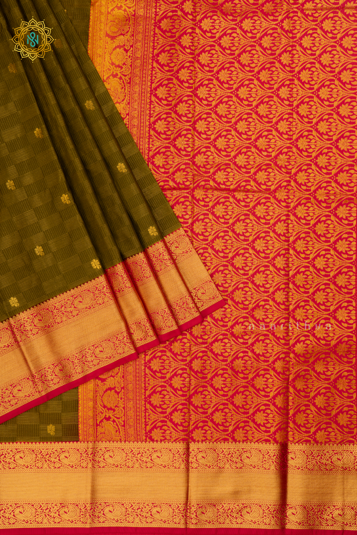Olive Green with Rani Pink Semi Kanchi Saree With Zari Buttas All Over And Contrast Zari Border