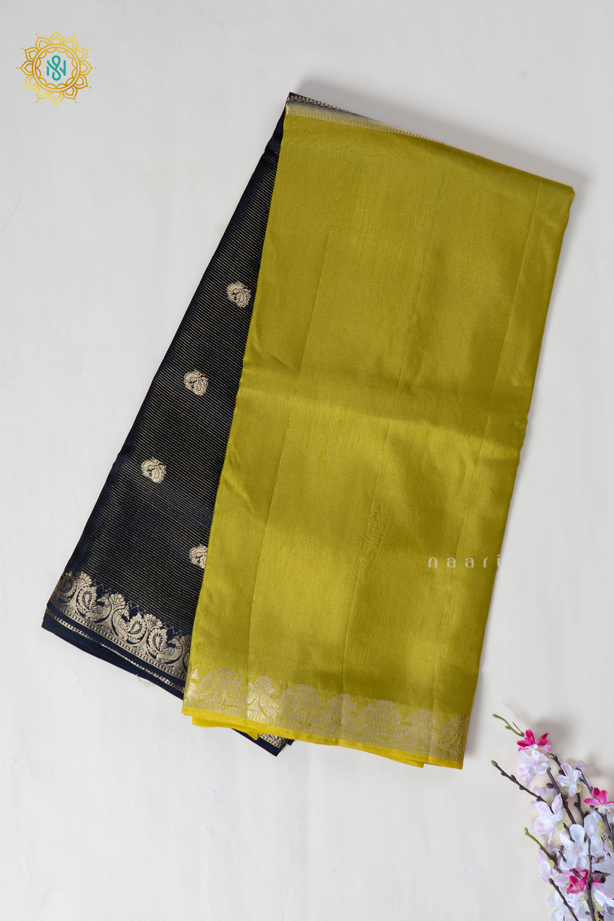 Black With Lemon Yellow Semi Crepe Silk Saree With Zari Stripes & Buttas On The Body With Half & Half Pattern