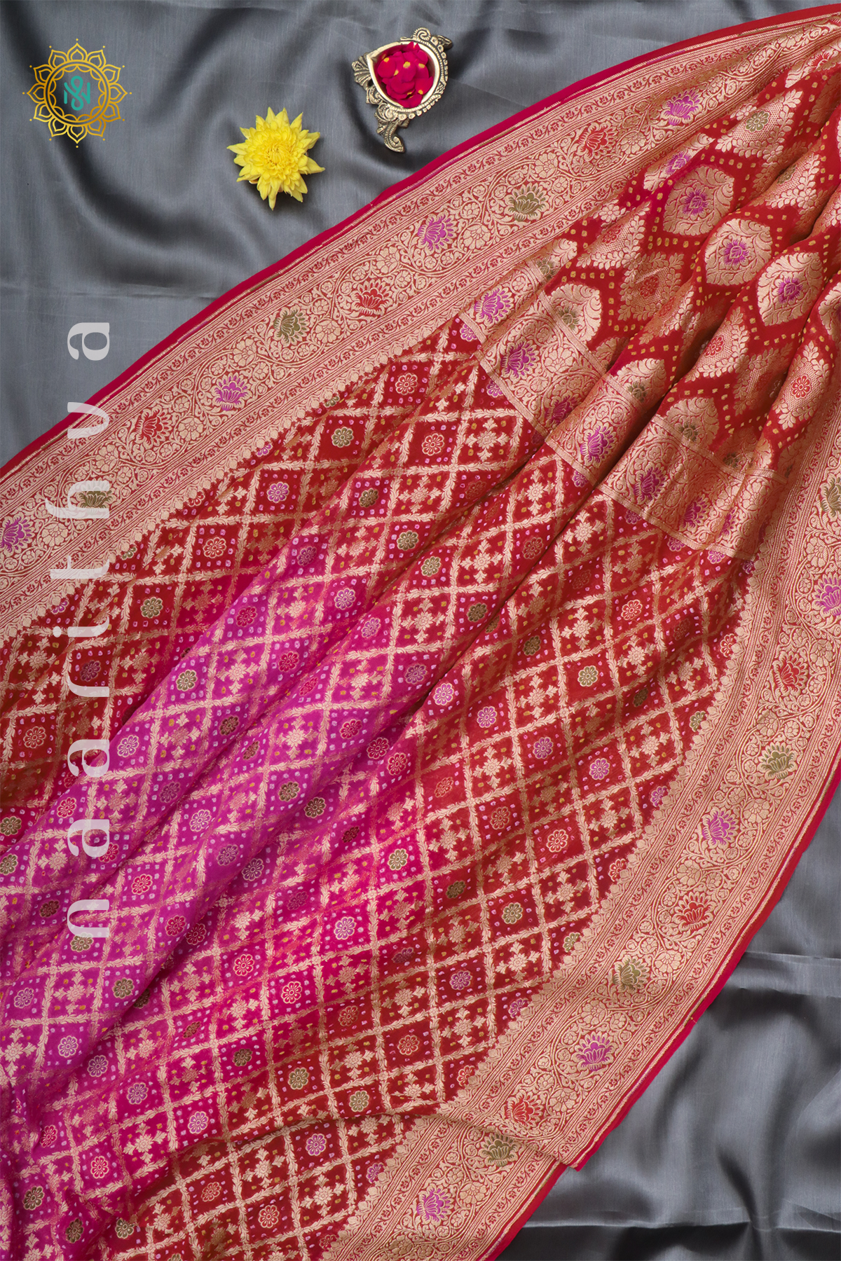 RED WITH PINK - PURE BANARASI GEORGETTE TIE & DYE