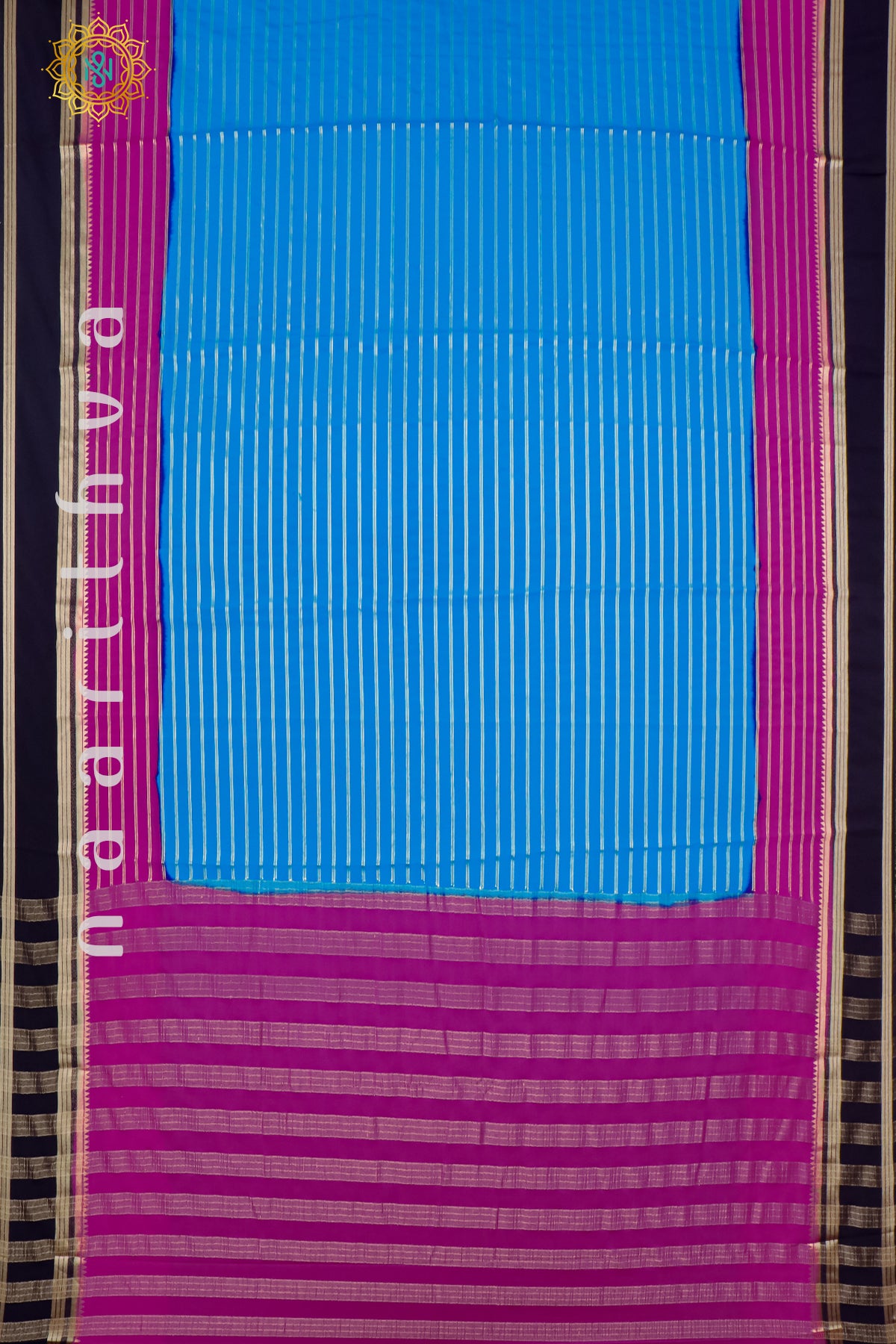 SKY BLUE WITH PINK & NAVY BLUE - SEMI MYSORE CREPE SILK