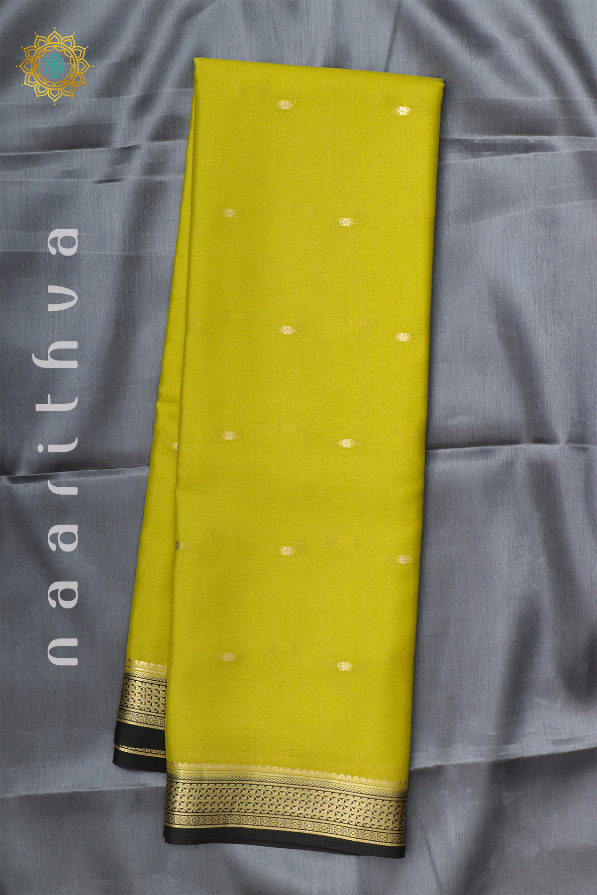 PARROT GREEN WITH BLACK - PURE MYSORE CREPE SILK