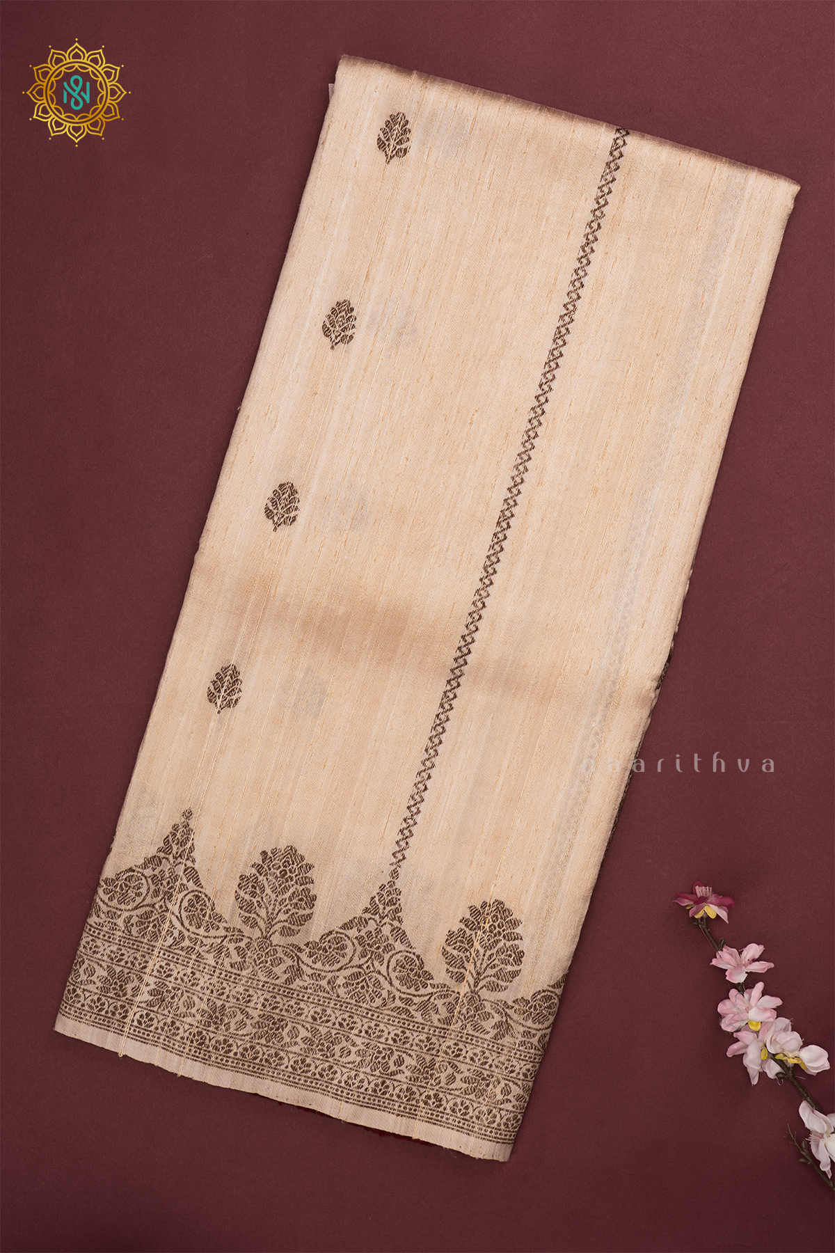 Off White with Red Pure Banarasi Raw Silk Saree With Allover Zari Stripes, Buttas And Scallop Border