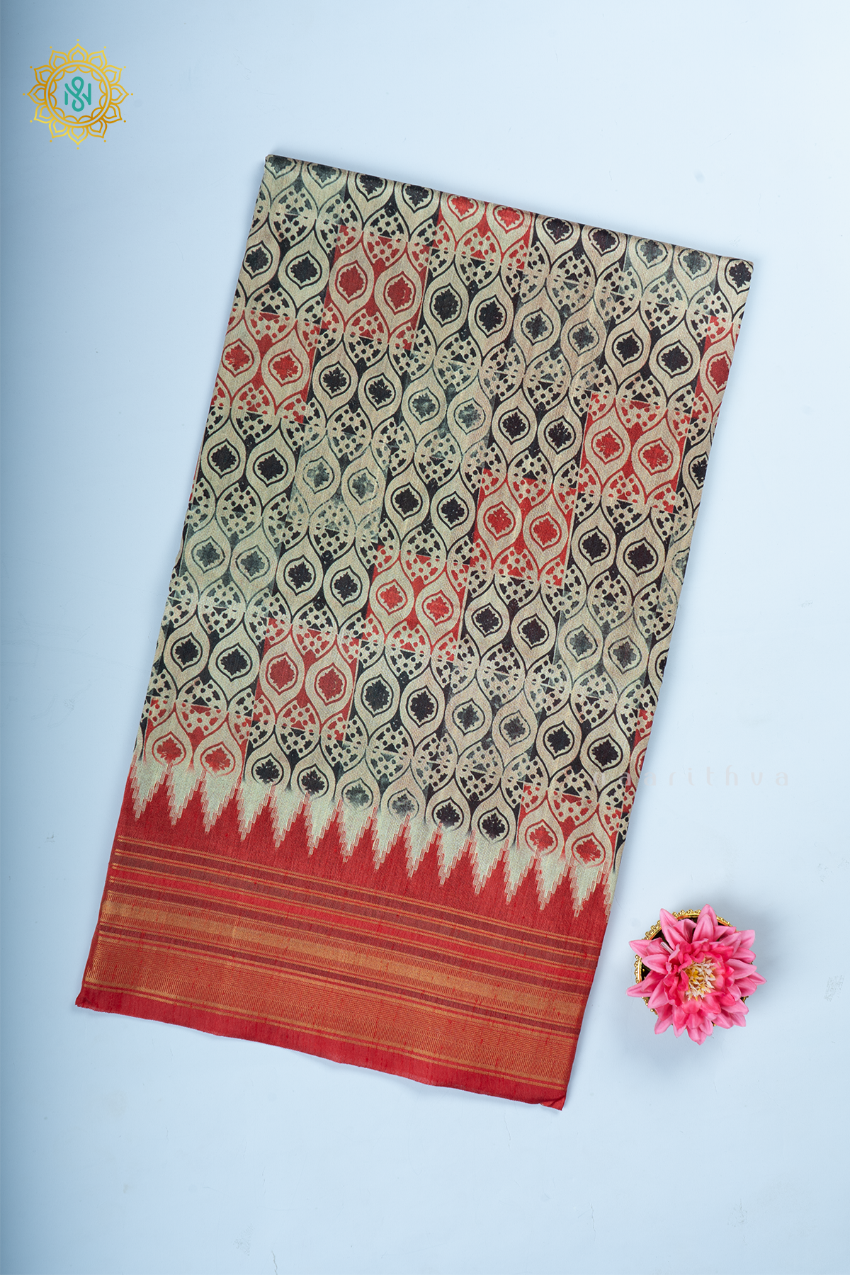 Black With Red Semi Tussar Silk With Printed Body With Zari Border & Pallu