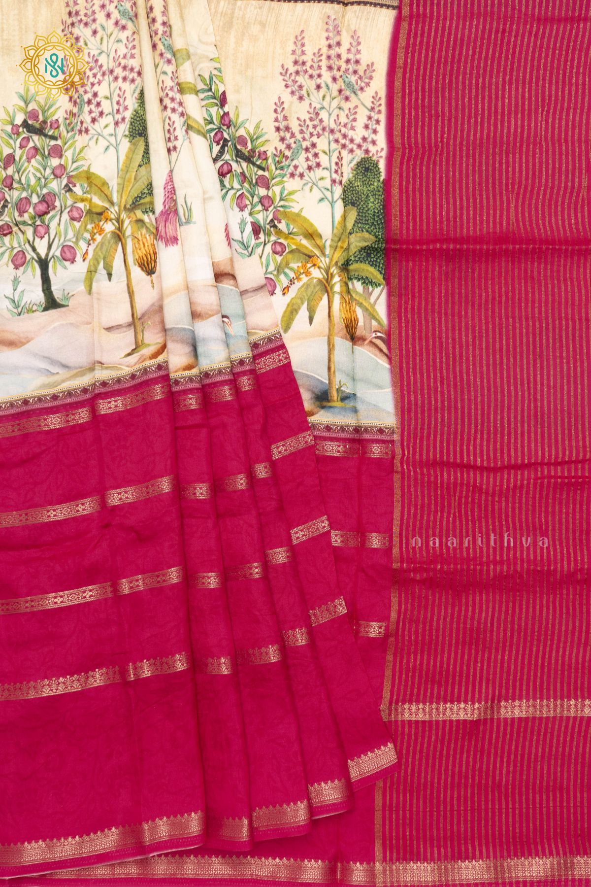 PINK WITH OFF WHITE - SEMI CREPE SILK