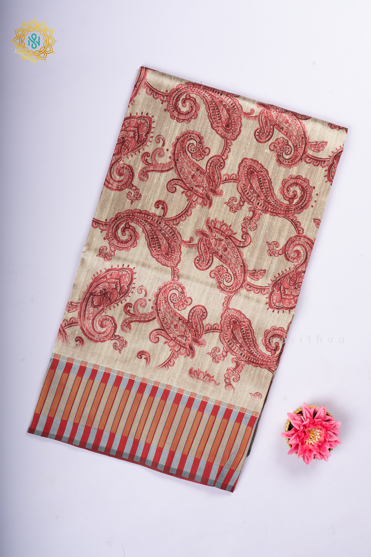 Beige With Red Semi Tussar Silk With Printed Body With Zari Border & Pallu