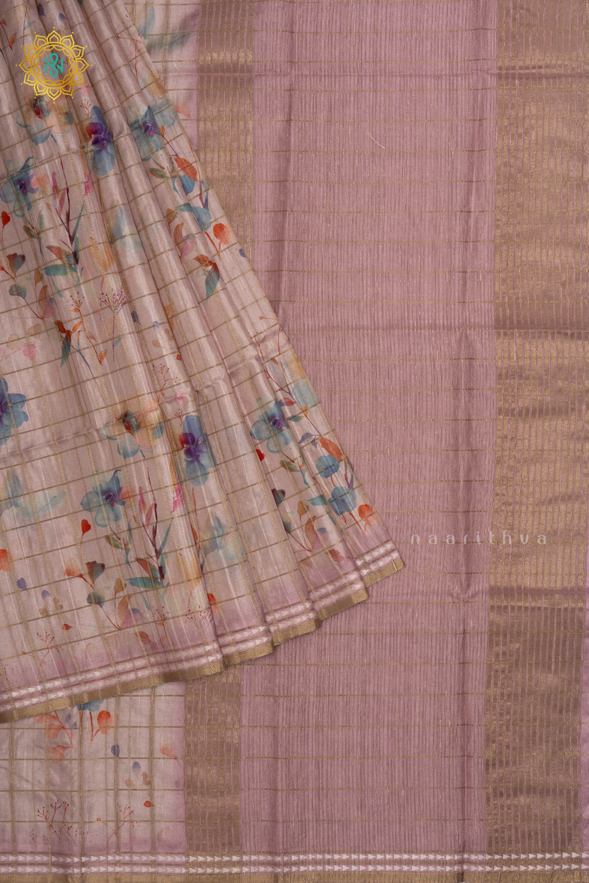 Light Pink - Kotha Tussar Silk Saree with Allover zari Checks and Printed Body with pallu and Blouse