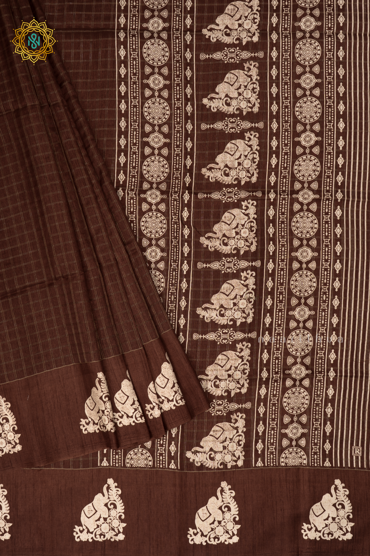 Brown - Dola Silk Saree Allover Zari Checks and Printed Pallu with Satin Printed Border