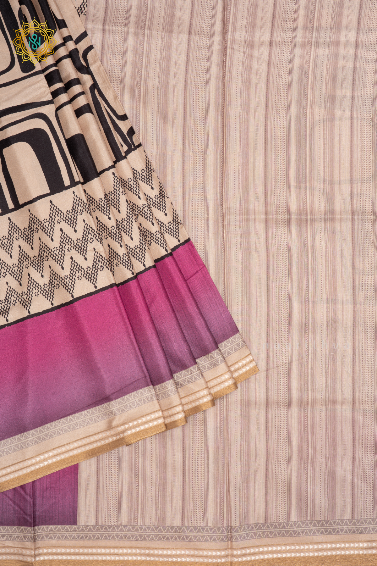 BEIGE WITH PINK - SEMI CREPE SILK SAREE DIGITAL PRINTS AND ZARI WOVEN BORDER