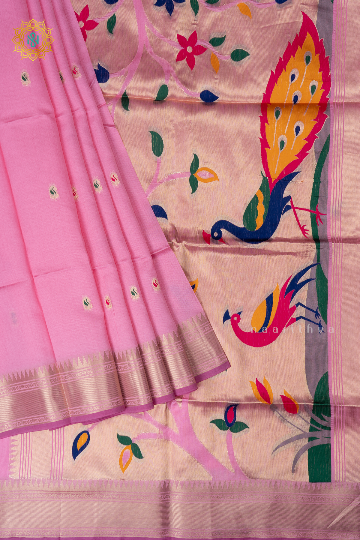 Light Pink Semi Tussar Silk Saree Zari Buttas On The Body With Paithani Border & Pallu