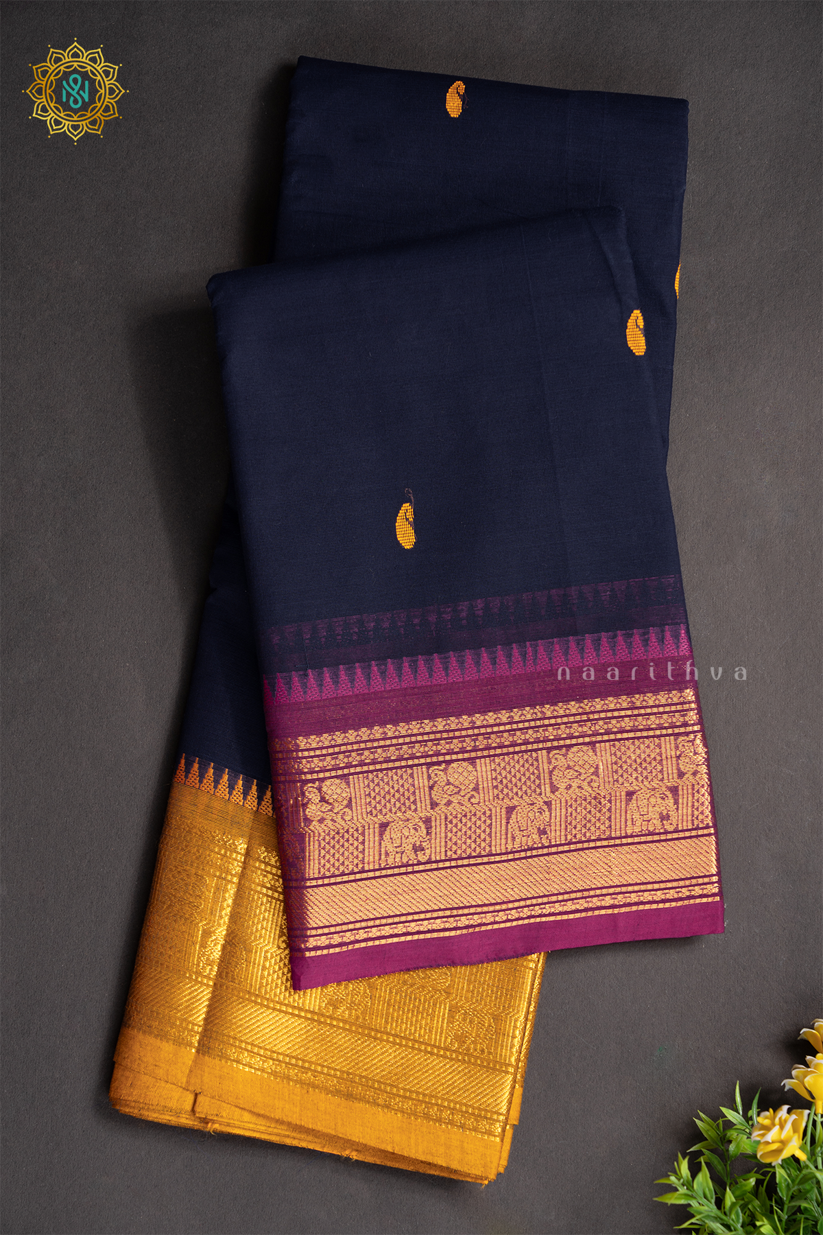 NAVY BLUE WITH PINK & YELLOW - CHETTINAD COTTON