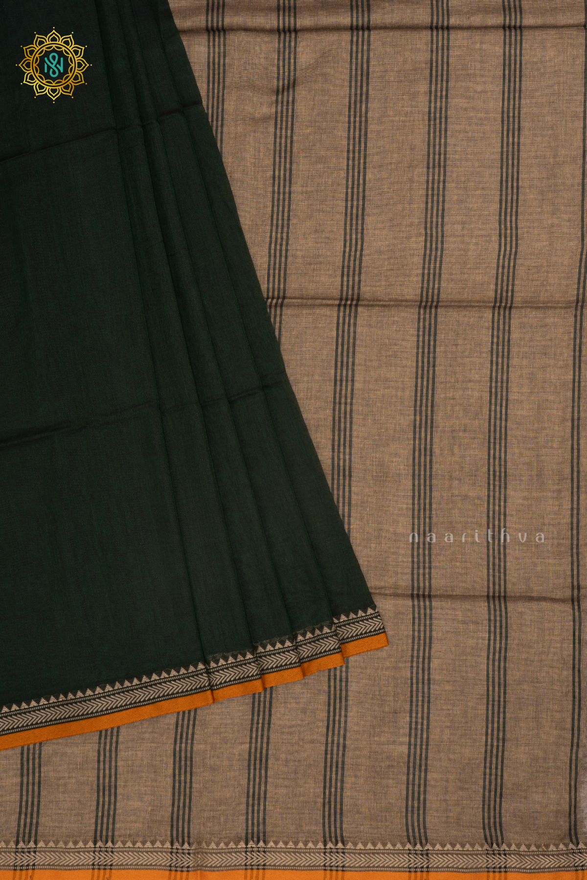 Bottle Green With Beige Mul Cotton Plain Body With Thread Woven Border