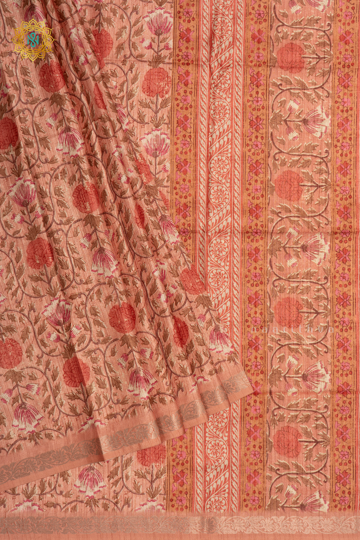 PEACH - SEMI TUSSAR SILK SAREE ALLOVER PRINTED BODY WITH ZARI BORDER