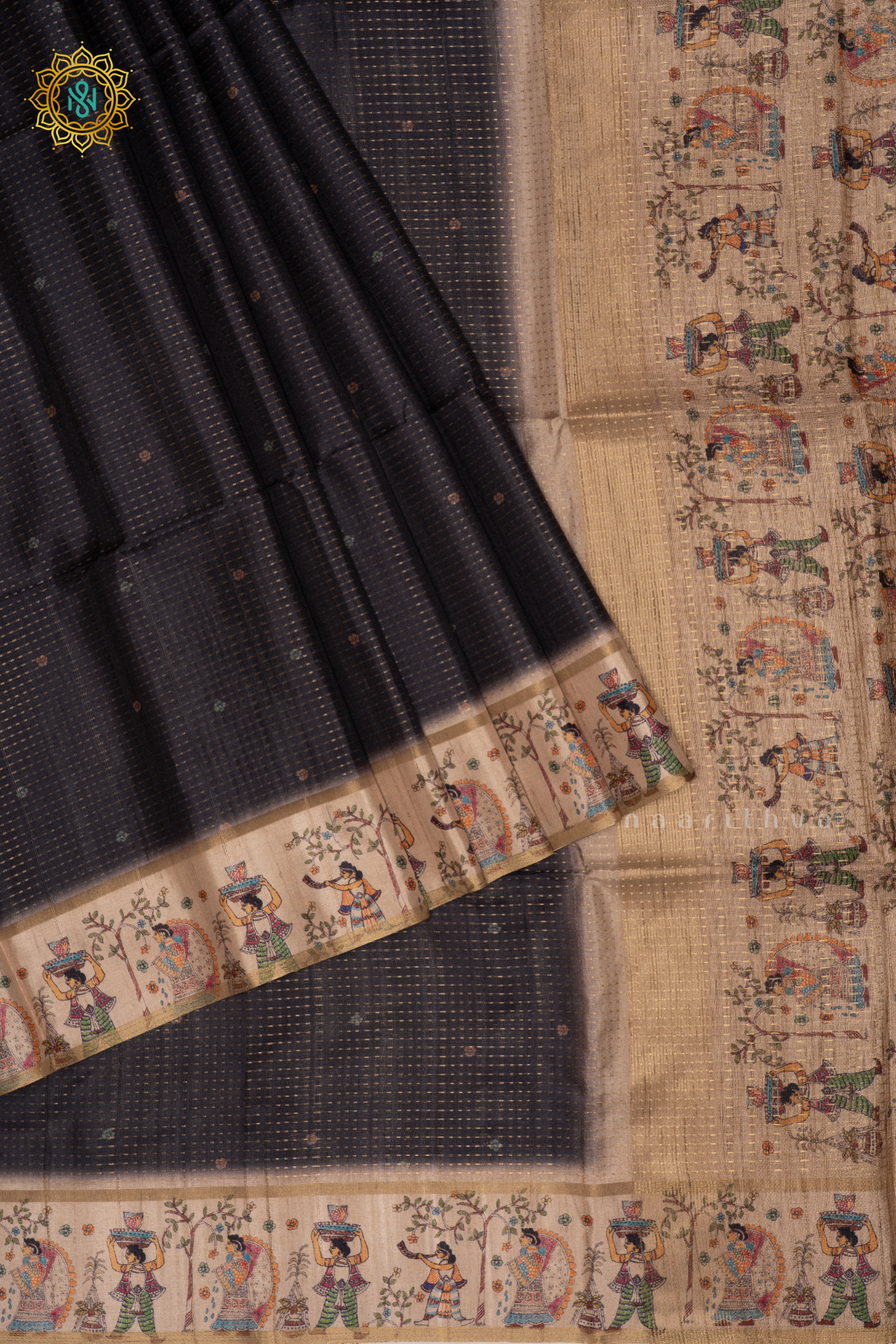 Black Semi Tussar Silk Saree With Zari Stripes And Printed Border